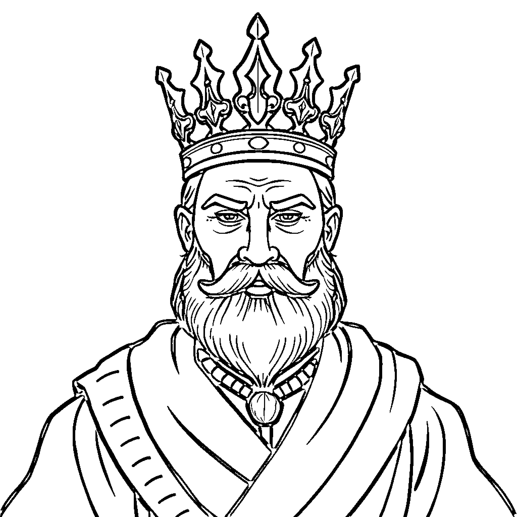 King with Regal Crown and Ornate Robes Coloring Page (free black-and-white line drawing printable PDF for all, from beginners to advanced learners, including children, teens, adults, and seniors)