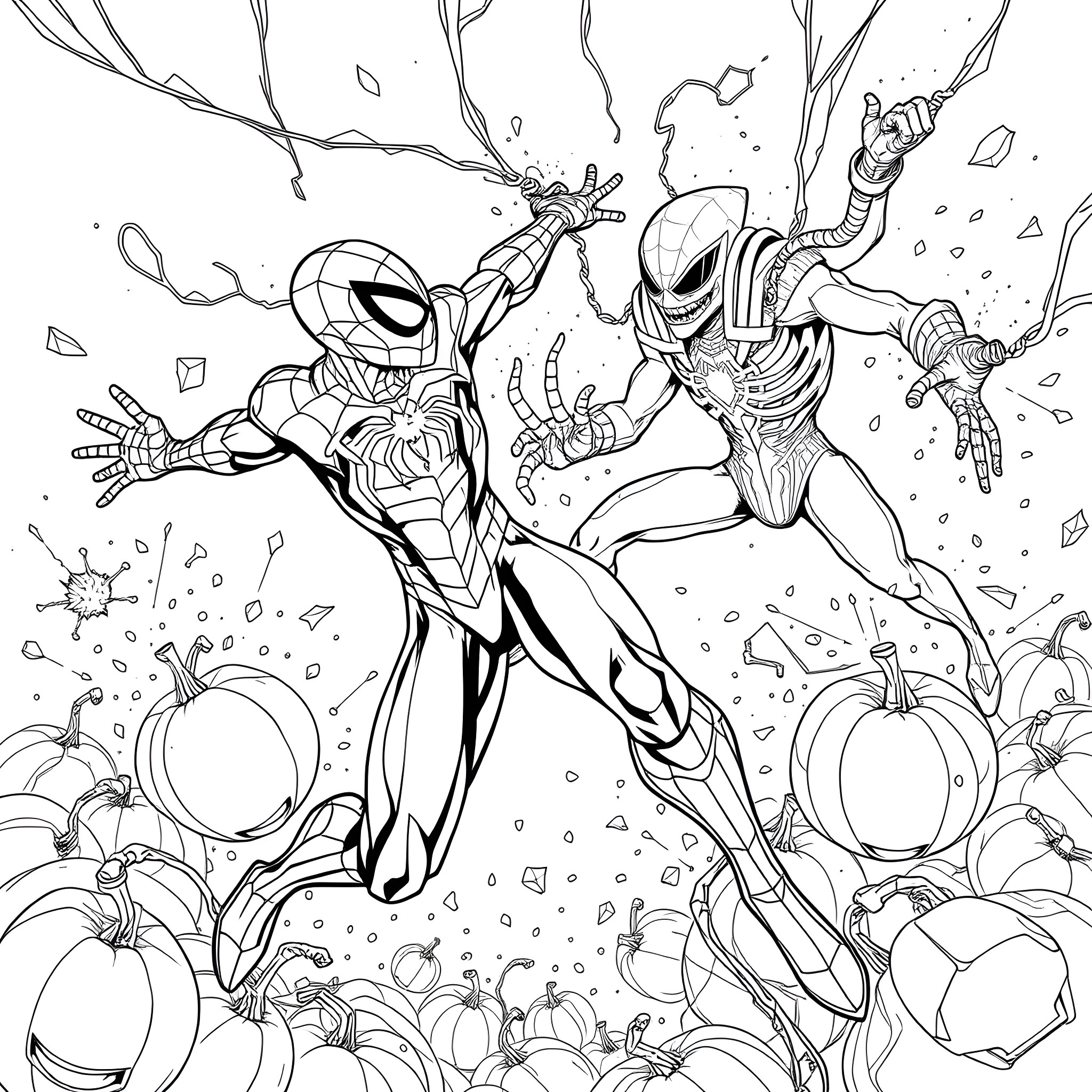 Iron Spider Battles Alien Foe in Pumpkin Patch Coloring Page (free black-and-white line drawing printable PDF for all, from beginners to advanced learners, including children, teens, adults, and seniors)