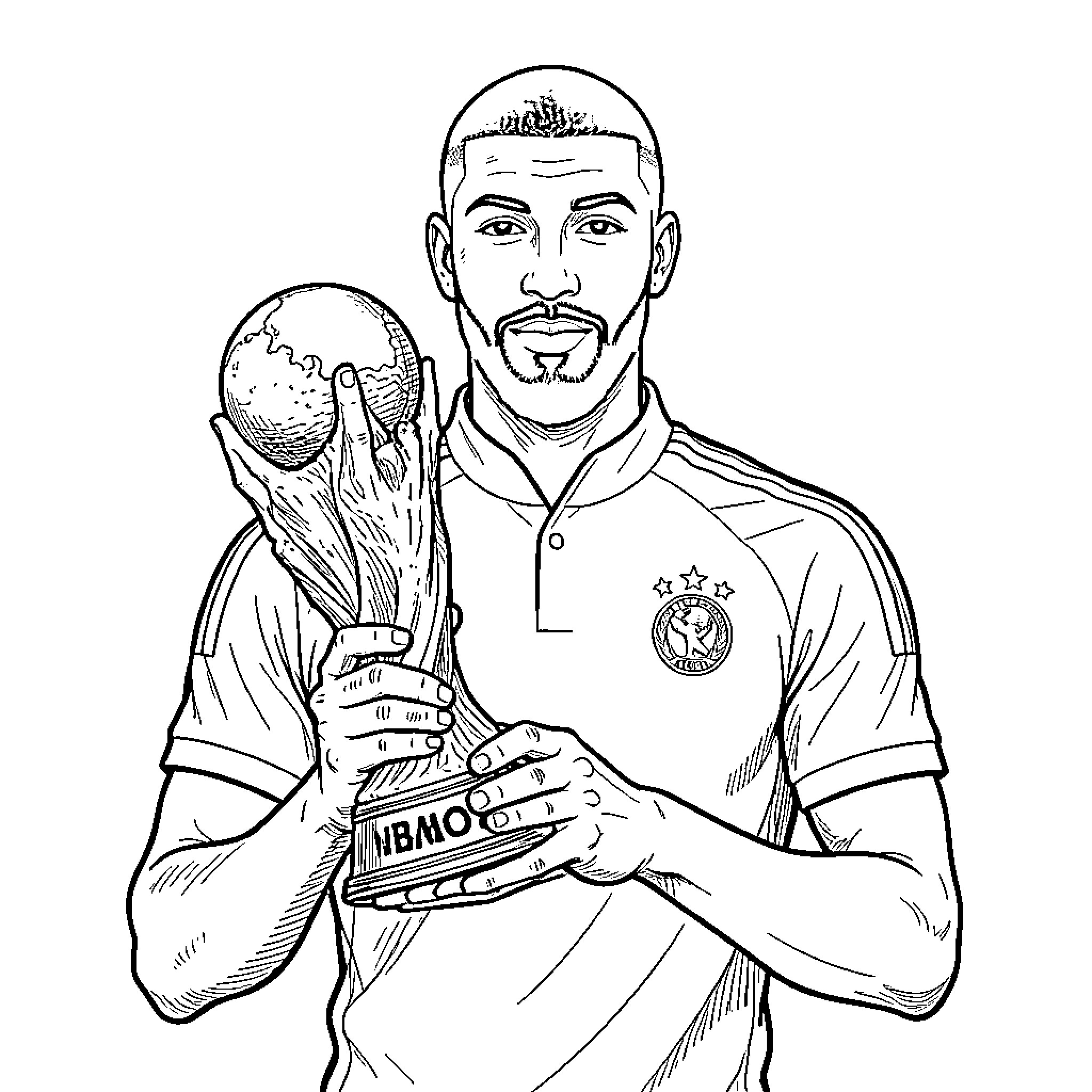 Mbappe holding a trophy with a proud expression Coloring Page (free black-and-white line drawing printable PDF for all, from beginners to advanced learners, including children, teens, adults, and seniors)