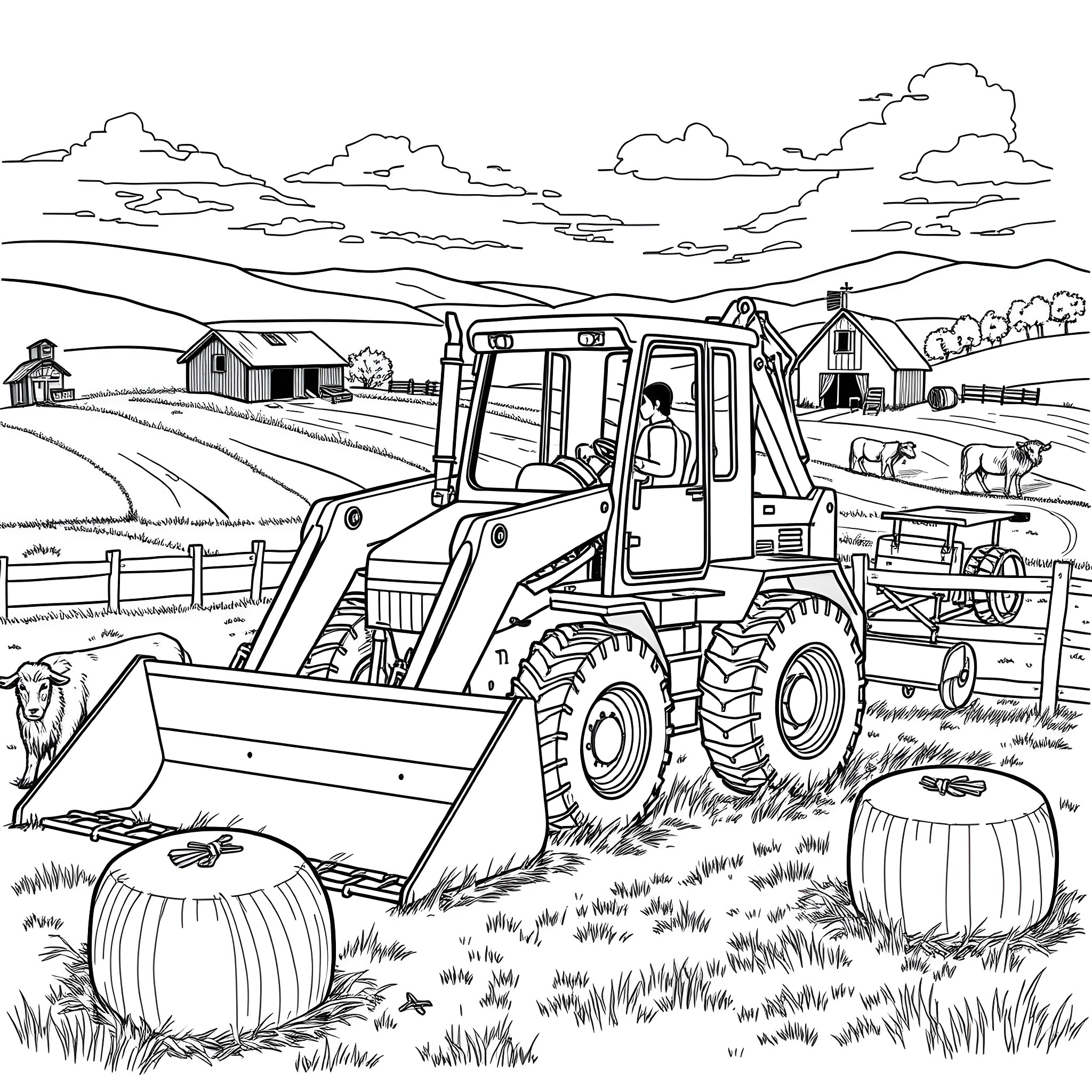 Skid Steer operating on a rural farm landscape Coloring Page (free black-and-white line drawing printable PDF for all, from beginners to advanced learners, including children, teens, adults, and seniors)