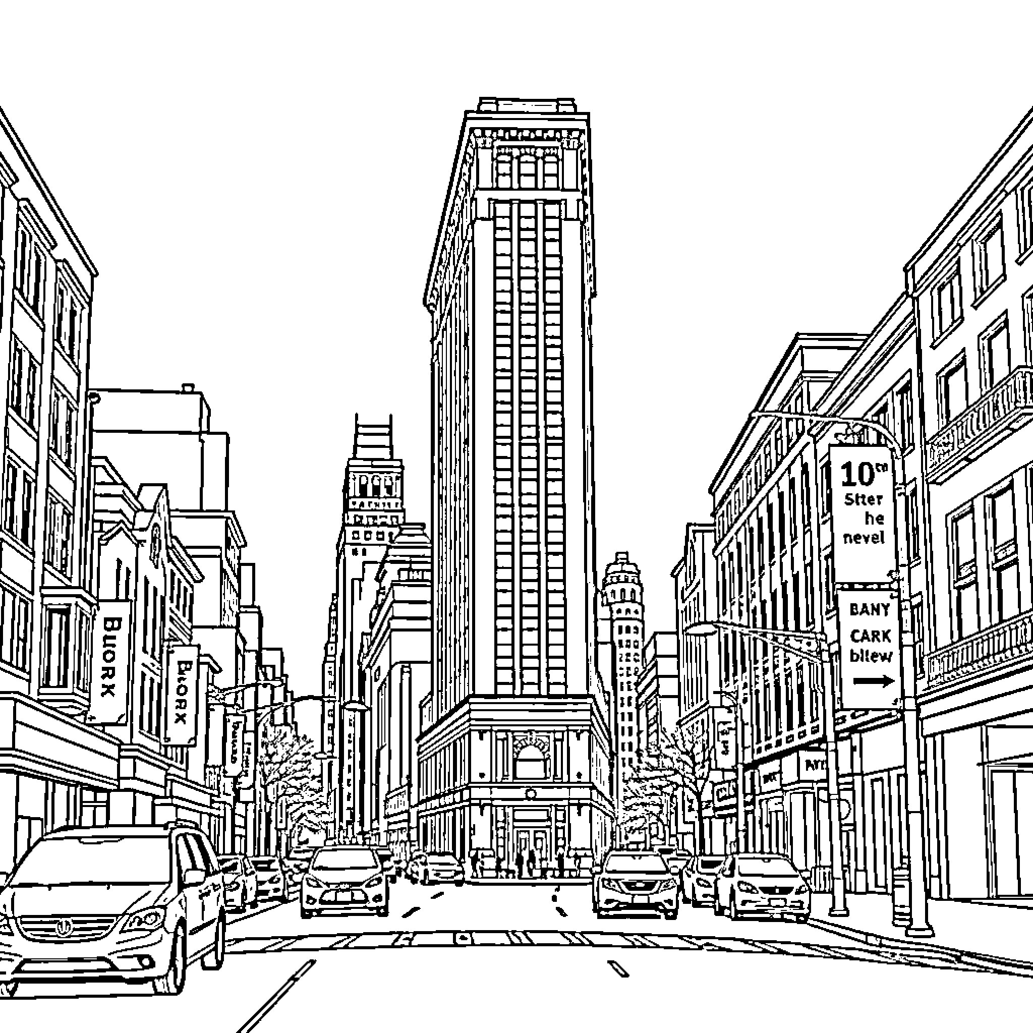 Bronx city street with skyscrapers and traffic Coloring Page (free black-and-white line drawing printable PDF for all, from beginners to advanced learners, including children, teens, adults, and seniors)