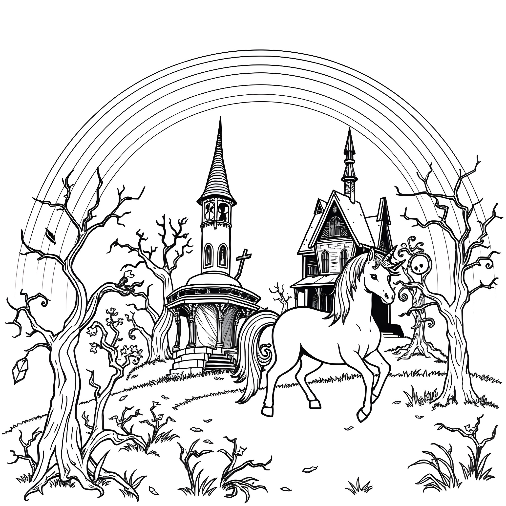 Unicorn exploring a magical castle in the woods Coloring Page (free black-and-white line drawing printable PDF for all, from beginners to advanced learners, including children, teens, adults, and seniors)
