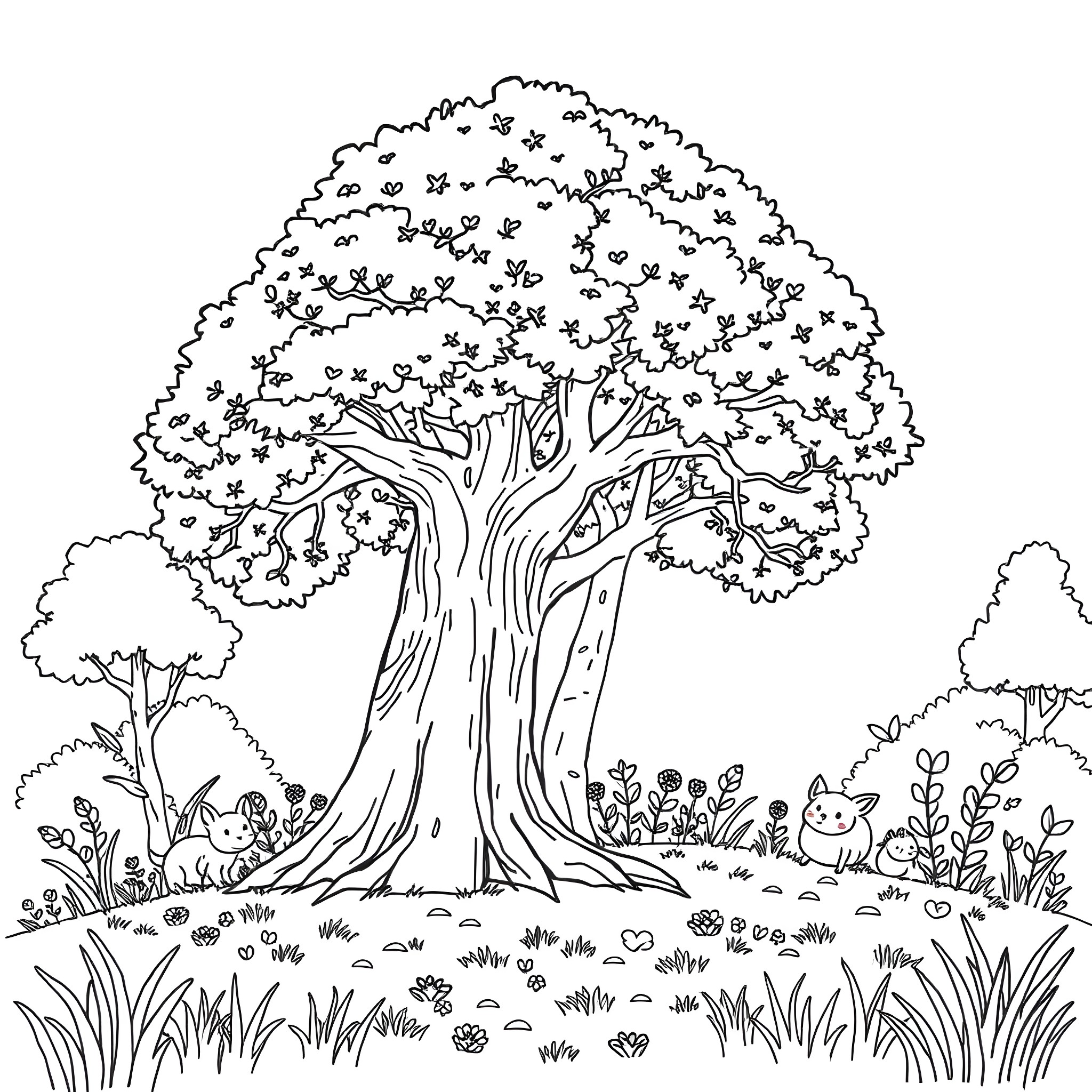 Tree with Lush Foliage in Scenic Nature Coloring Page (free black-and-white line drawing printable PDF for all, from beginners to advanced learners, including children, teens, adults, and seniors)