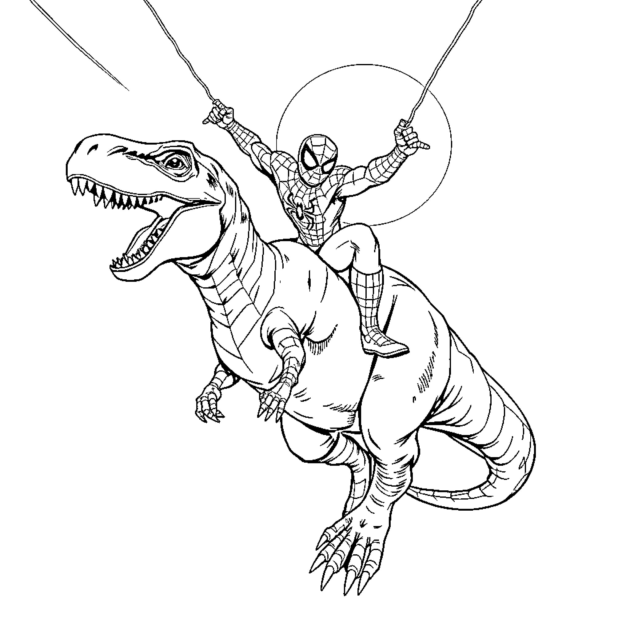 Spider-Man riding a ferocious dinosaur Coloring Page (free black-and-white line drawing printable PDF for all, from beginners to advanced learners, including children, teens, adults, and seniors)