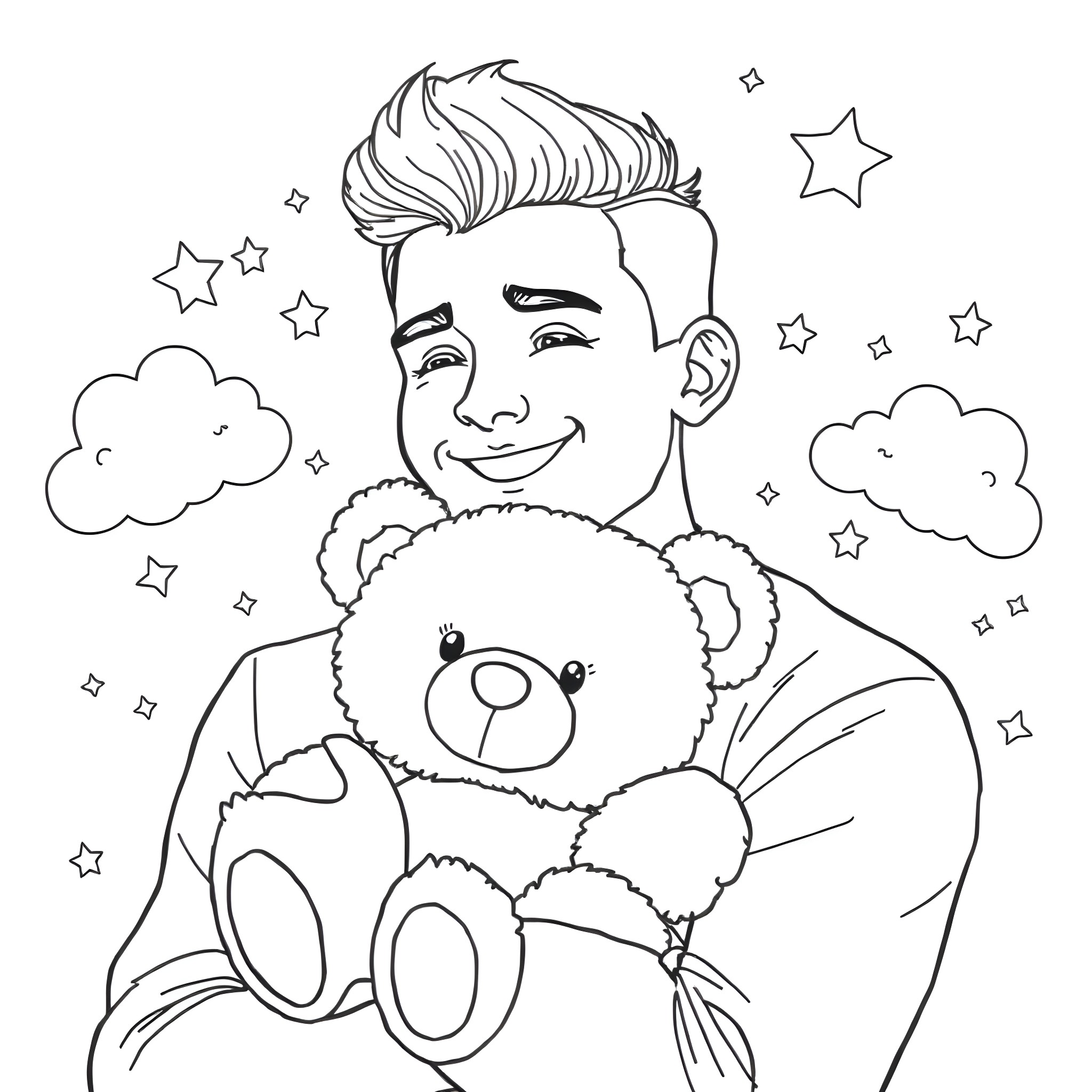 Paulo Dybala playing happily with a teddy bear Coloring Page (free black-and-white line drawing printable PDF for all, from beginners to advanced learners, including children, teens, adults, and seniors)