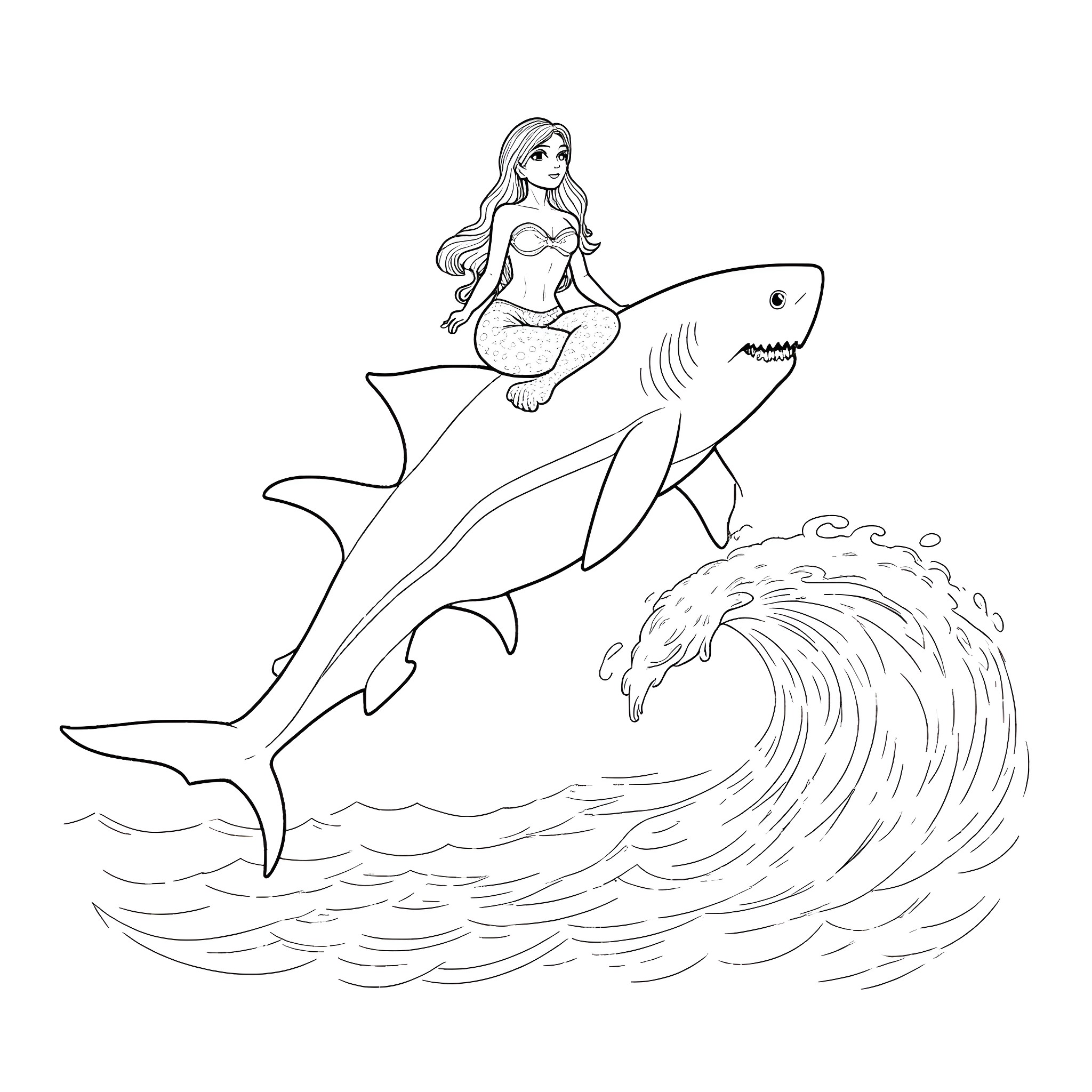 Mermaid riding a shark in the ocean Coloring Page (free black-and-white line drawing printable PDF for all, from beginners to advanced learners, including children, teens, adults, and seniors)