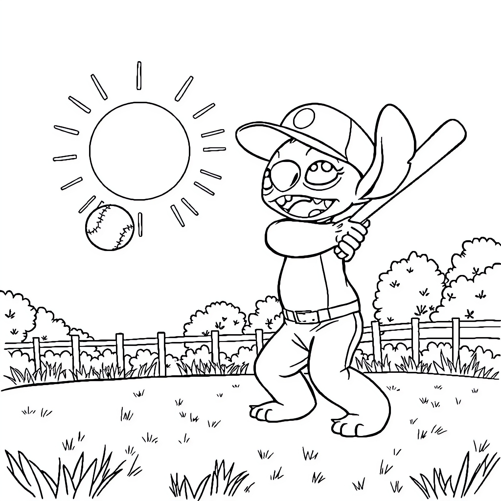Stitch playing baseball on a sunny day Coloring Page (free black-and-white line drawing printable PDF for all, from beginners to advanced learners, including children, teens, adults, and seniors)