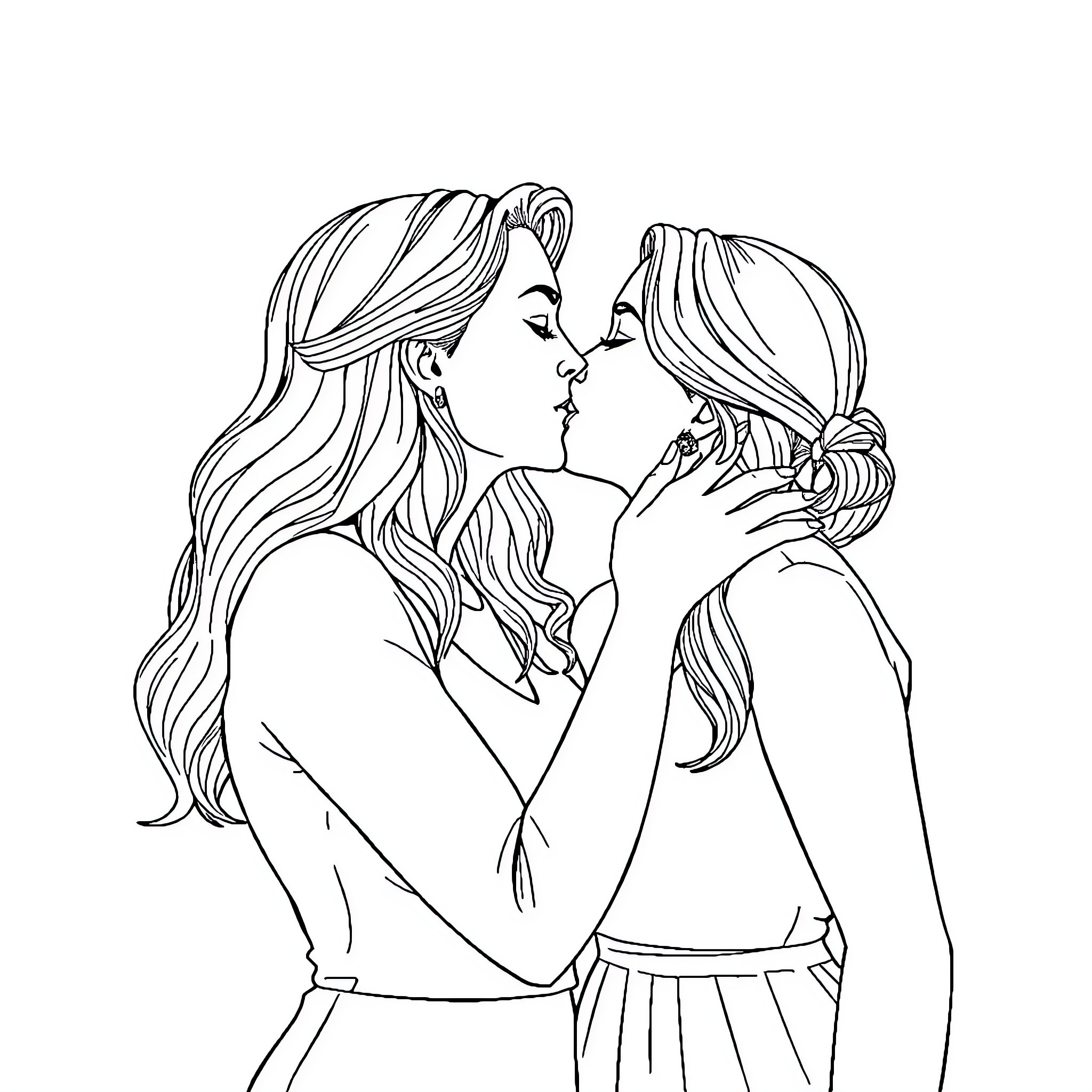 Kiss of two affectionate women Coloring Page (free black-and-white line drawing printable PDF for all, from beginners to advanced learners, including children, teens, adults, and seniors)