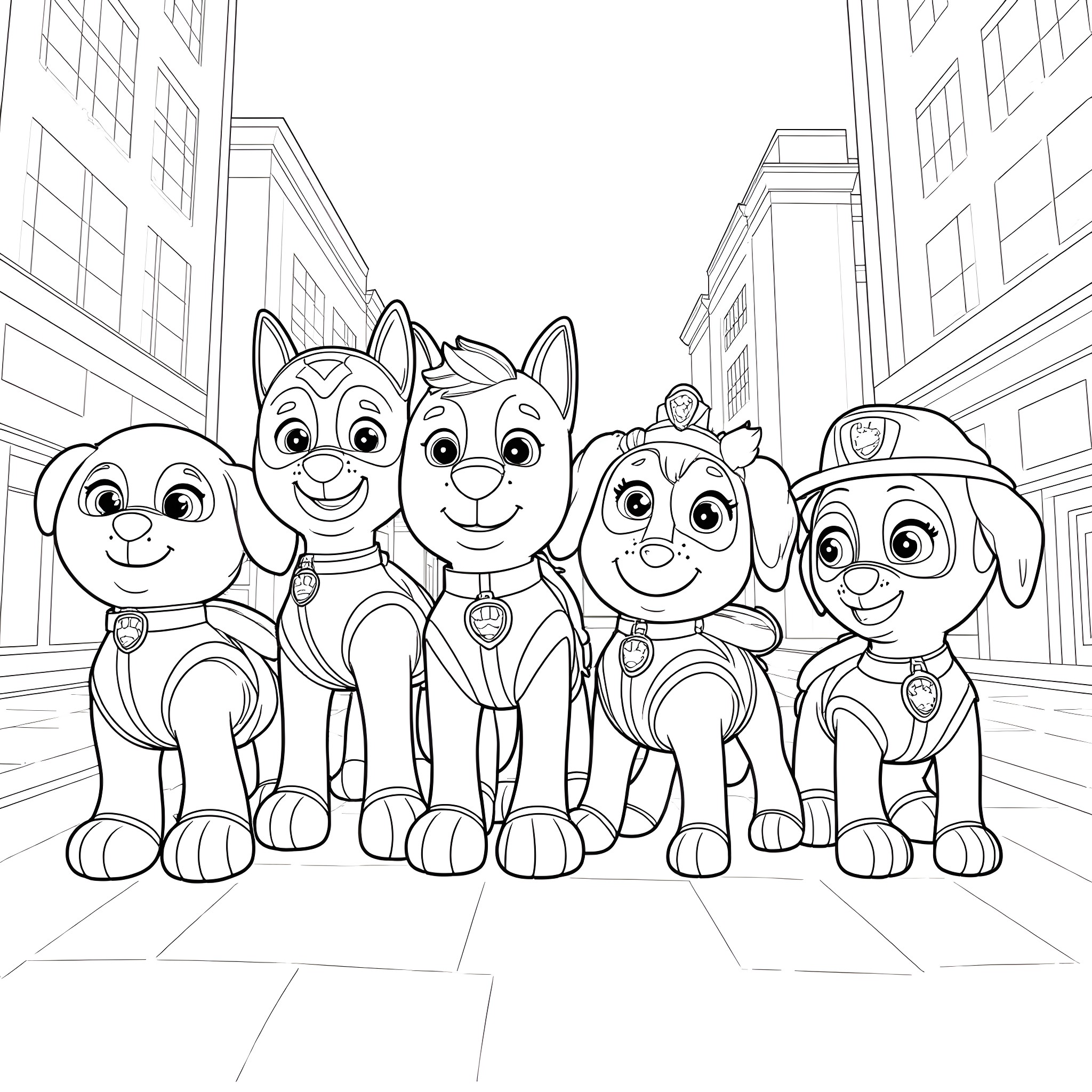 Paw Patrol pups in the city Coloring Page (free black-and-white line drawing printable PDF for all, from beginners to advanced learners, including children, teens, adults, and seniors)