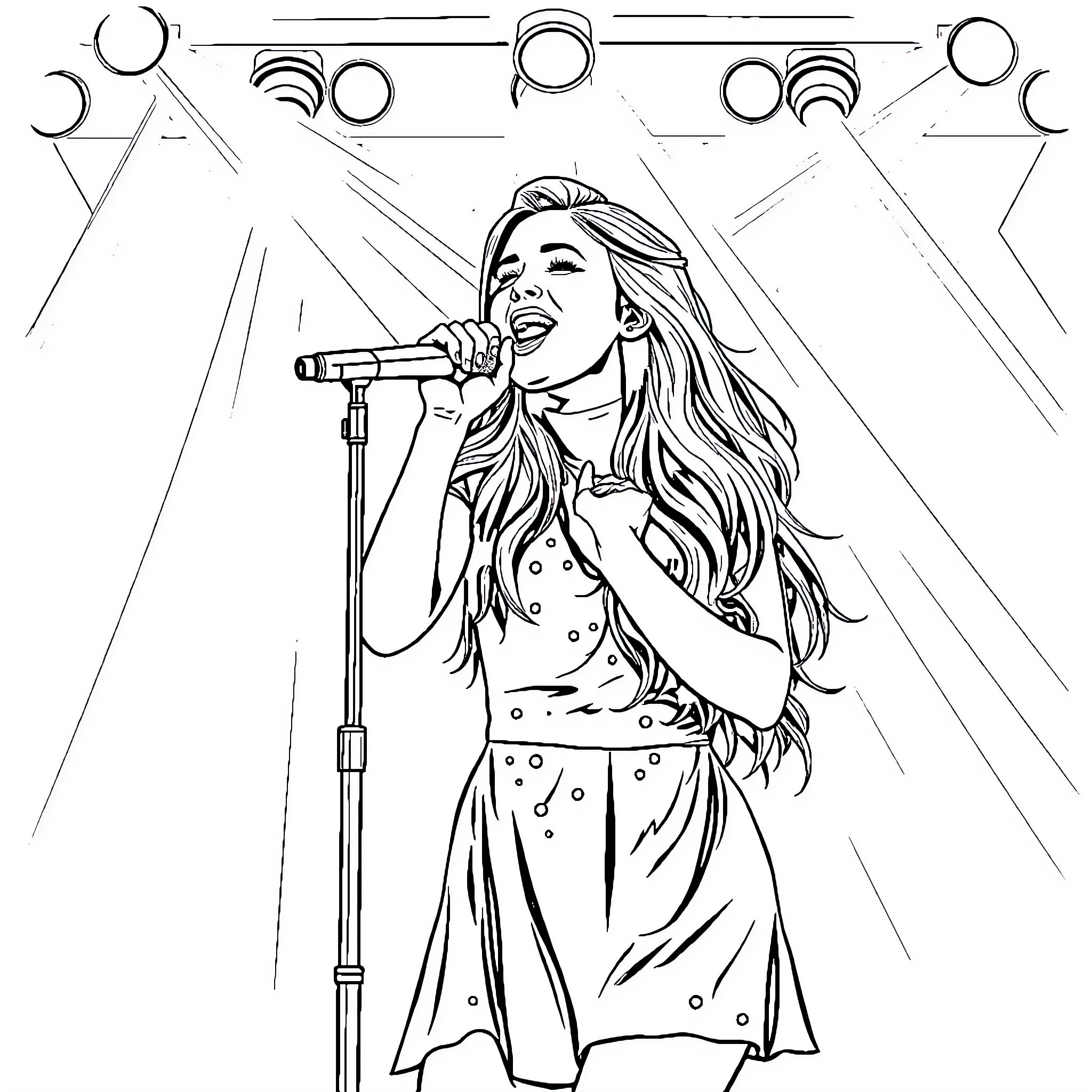 Ariana Grande singing on stage with enthusiasm Coloring Page (free black-and-white line drawing printable PDF for all, from beginners to advanced learners, including children, teens, adults, and seniors)