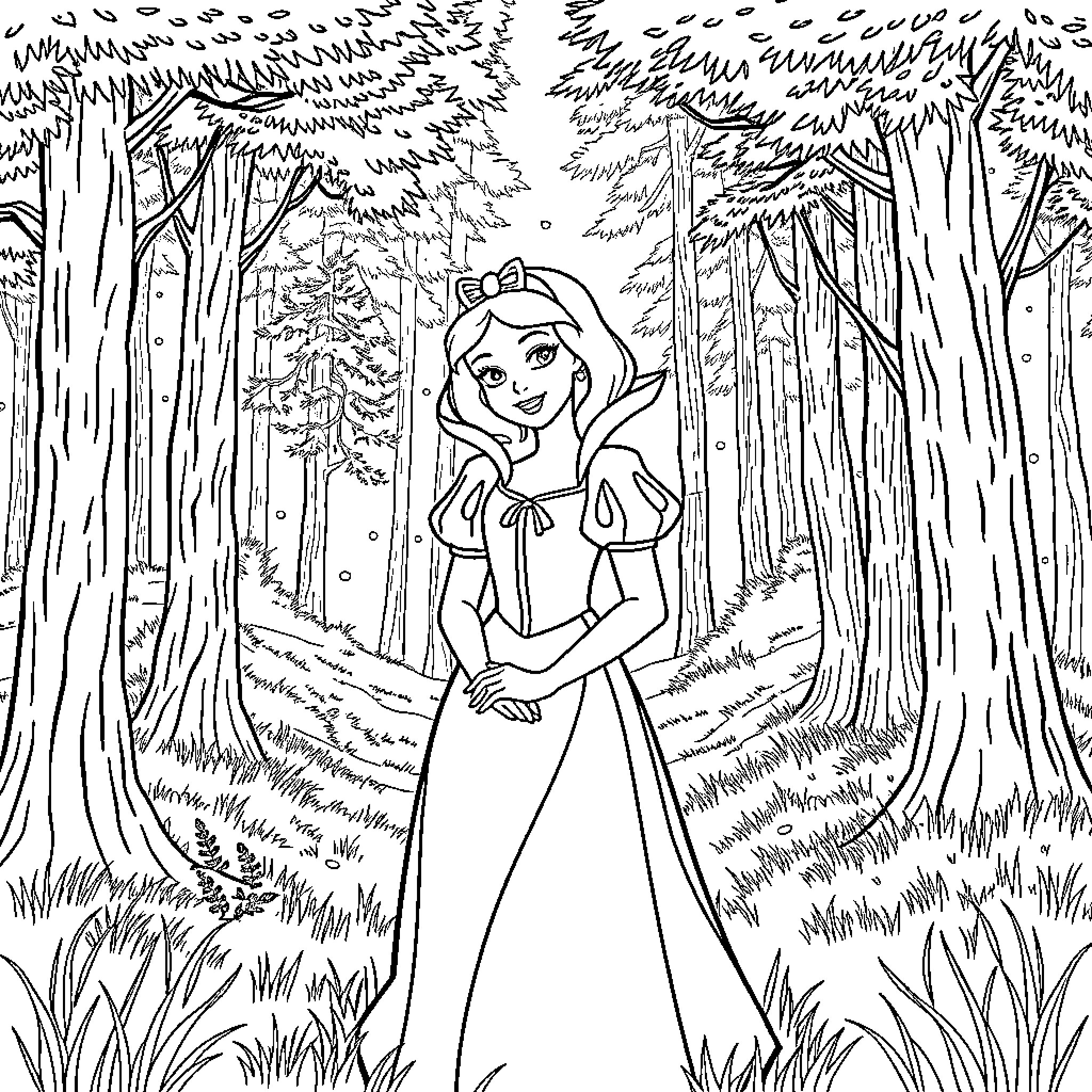 Snow White smiling gracefully in a forest setting Coloring Page (free black-and-white line drawing printable PDF for all, from beginners to advanced learners, including children, teens, adults, and seniors)