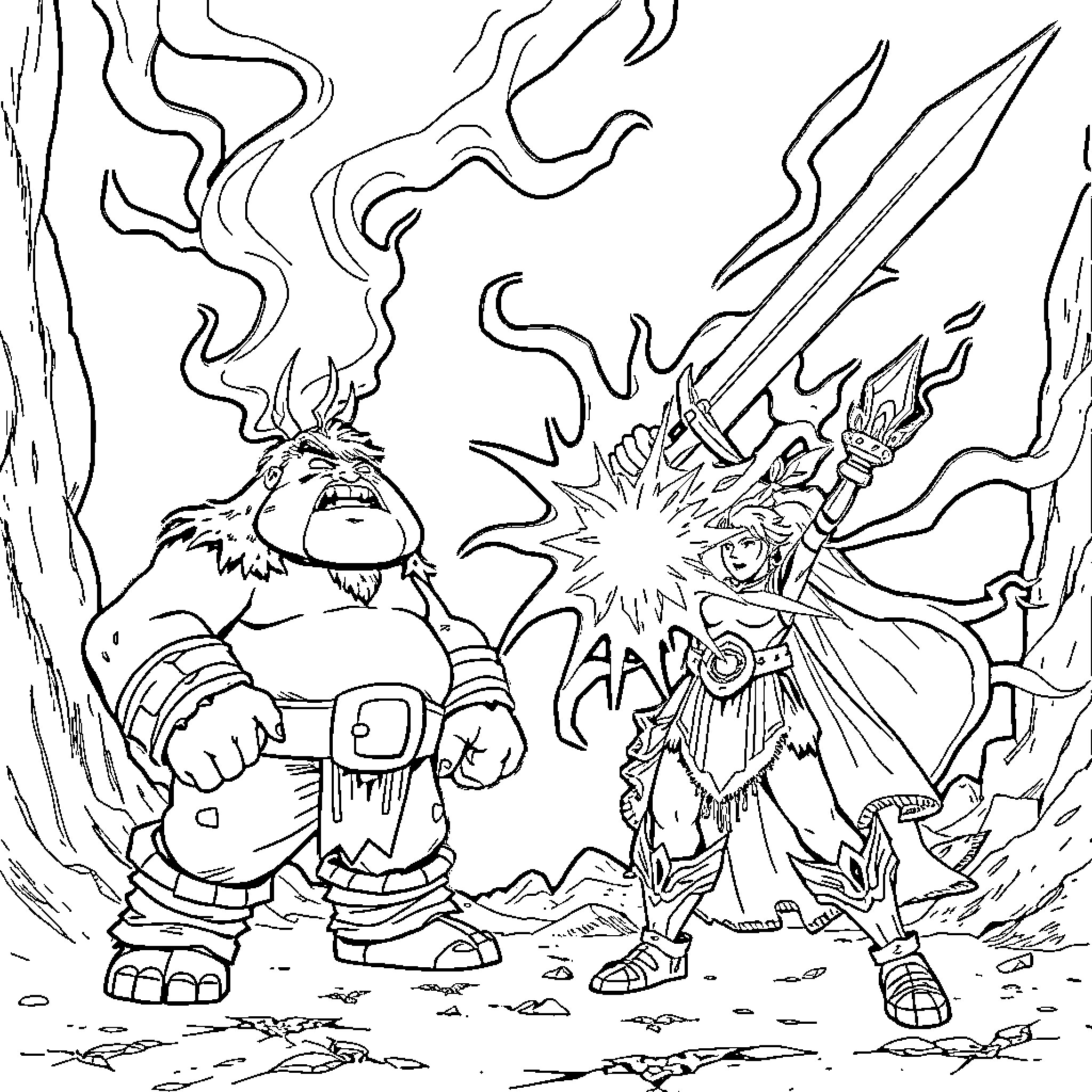 Pudge's Fiery Battle against the Warrior Coloring Page (free black-and-white line drawing printable PDF for all, from beginners to advanced learners, including children, teens, adults, and seniors)