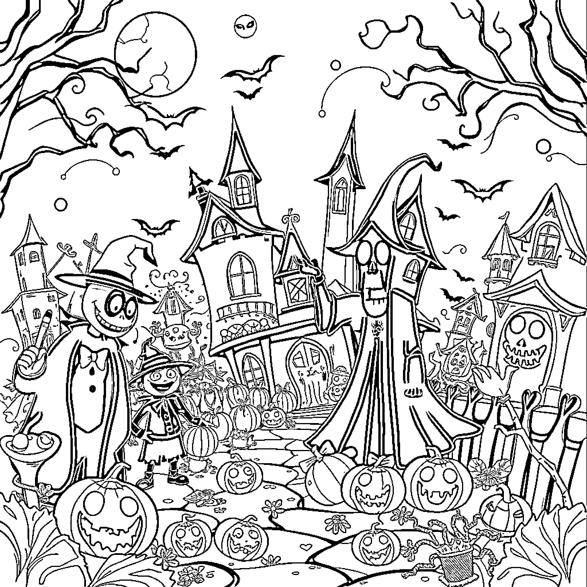 Halloweentown with Spooky Creatures and Haunted Houses Coloring Page (free black-and-white line drawing printable PDF for all, from beginners to advanced learners, including children, teens, adults, and seniors)