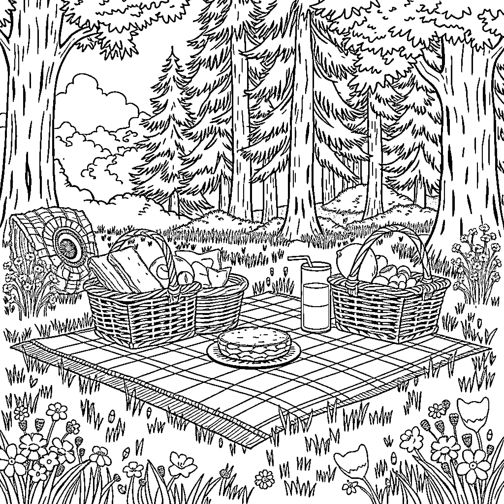 Cottage Picnic in the Forest Coloring Page (free black-and-white line drawing printable PDF for all, from beginners to advanced learners, including children, teens, adults, and seniors)