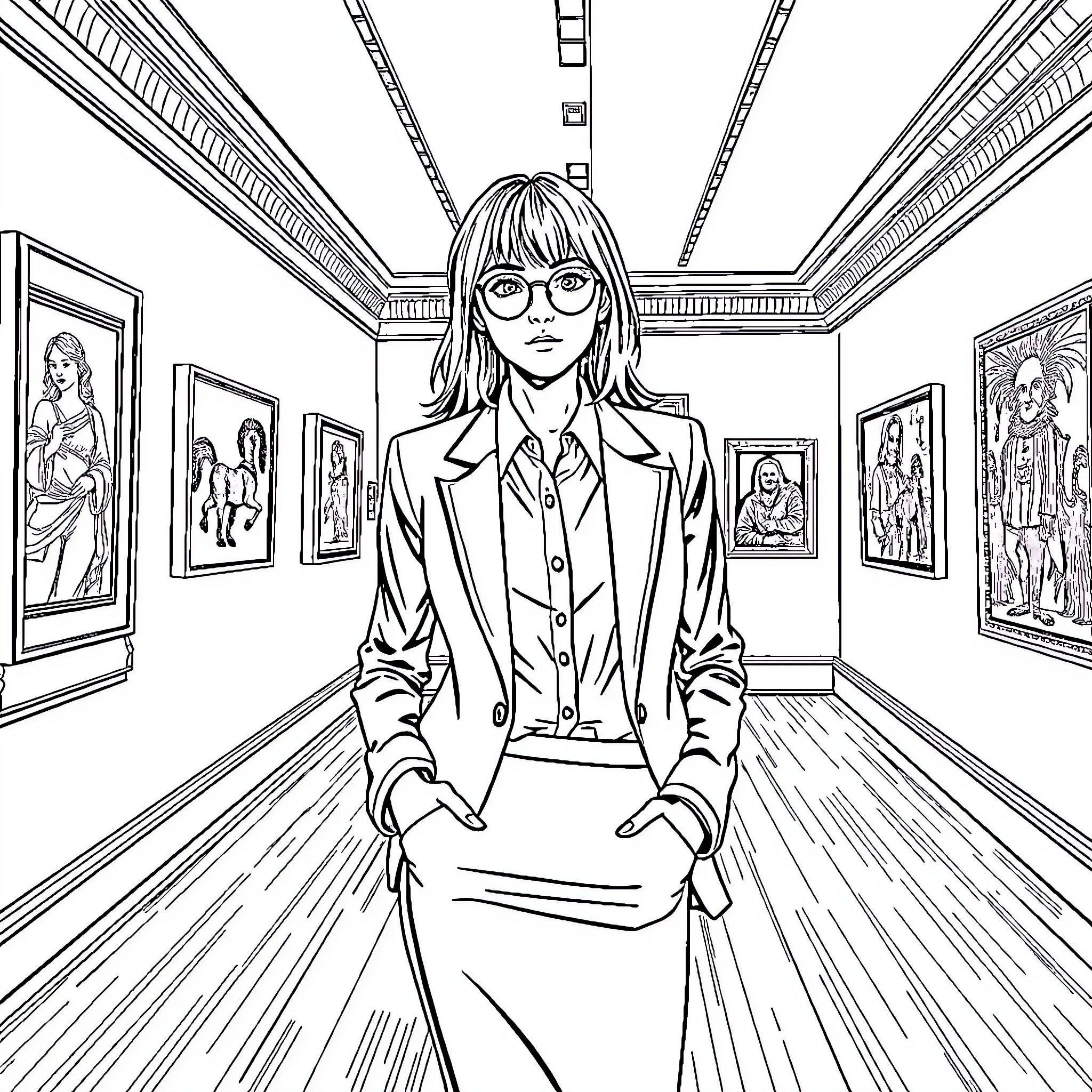 Girl in a museum examining artwork Coloring Page (free black-and-white line drawing printable PDF for all, from beginners to advanced learners, including children, teens, adults, and seniors)