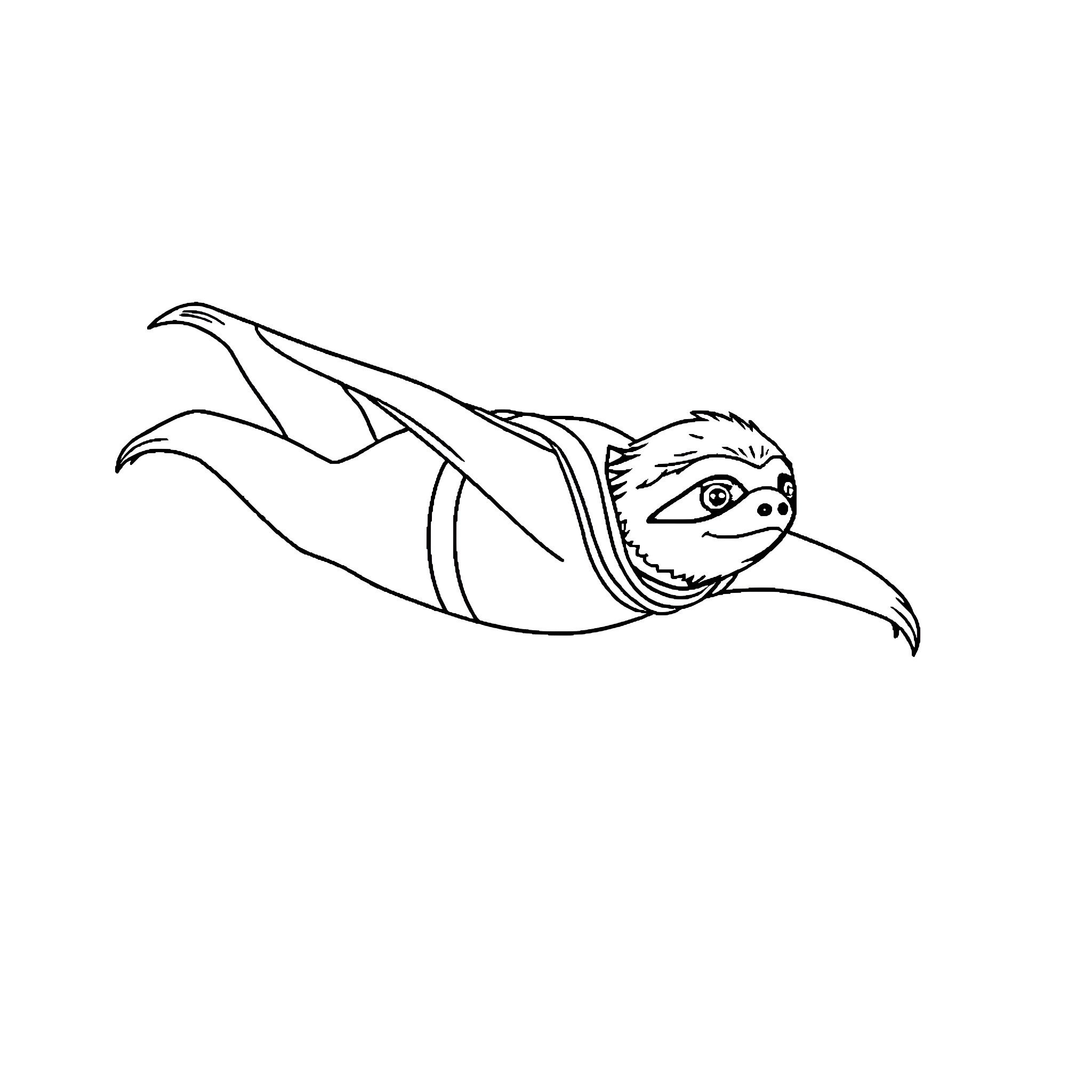 Ninja Sloth floating through the air Coloring Page (free black-and-white line drawing printable PDF for all, from beginners to advanced learners, including children, teens, adults, and seniors)