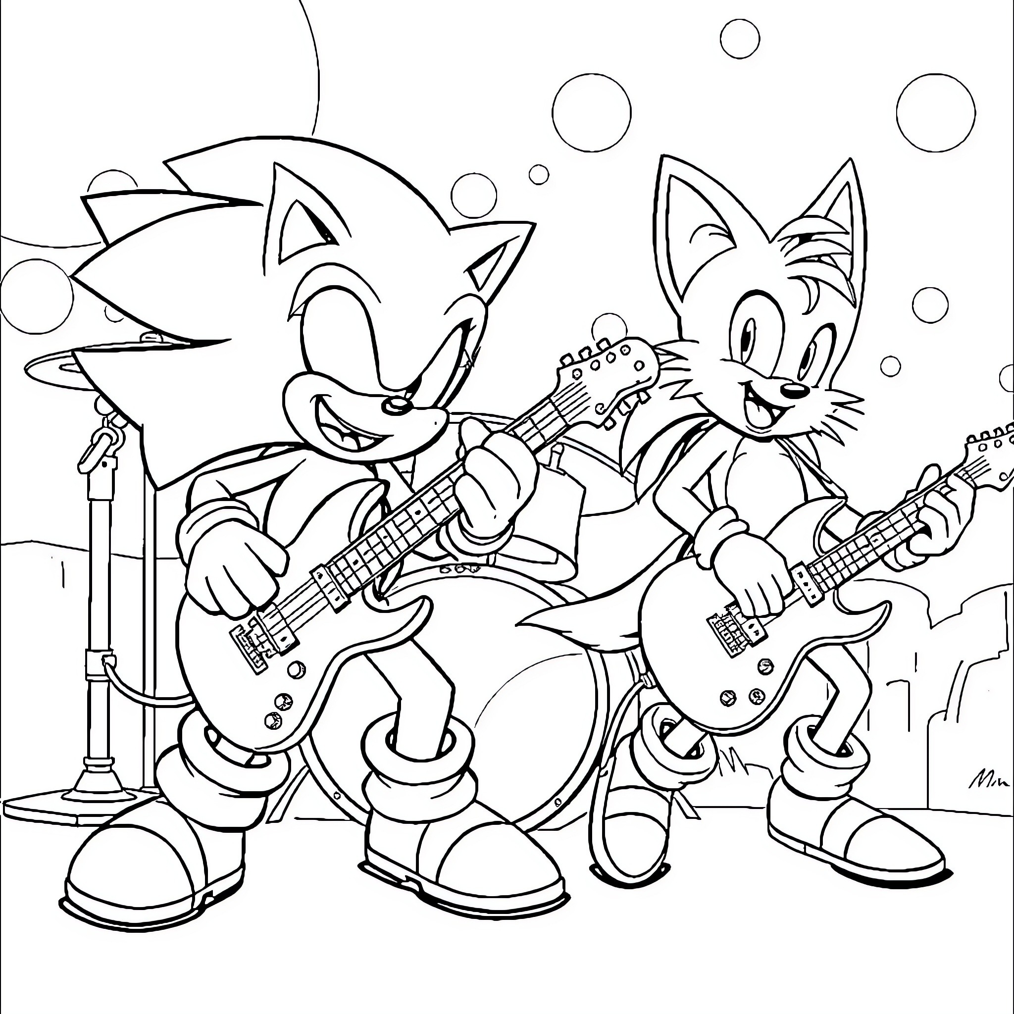 Sonic characters playing guitars in a musical scene Coloring Page (free black-and-white line drawing printable PDF for all, from beginners to advanced learners, including children, teens, adults, and seniors)