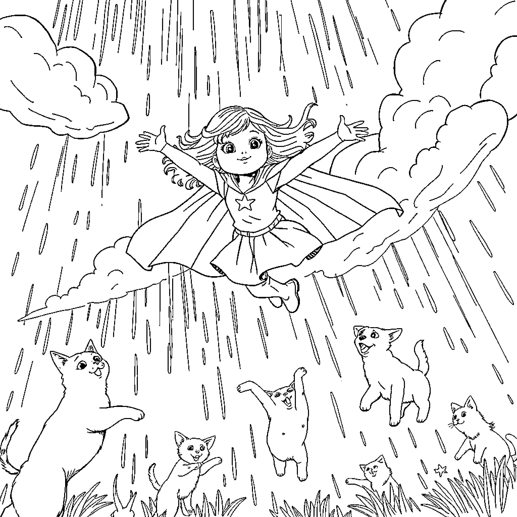 Girl flying joyfully in the stormy sky with cats Coloring Page (free black-and-white line drawing printable PDF for all, from beginners to advanced learners, including children, teens, adults, and seniors)