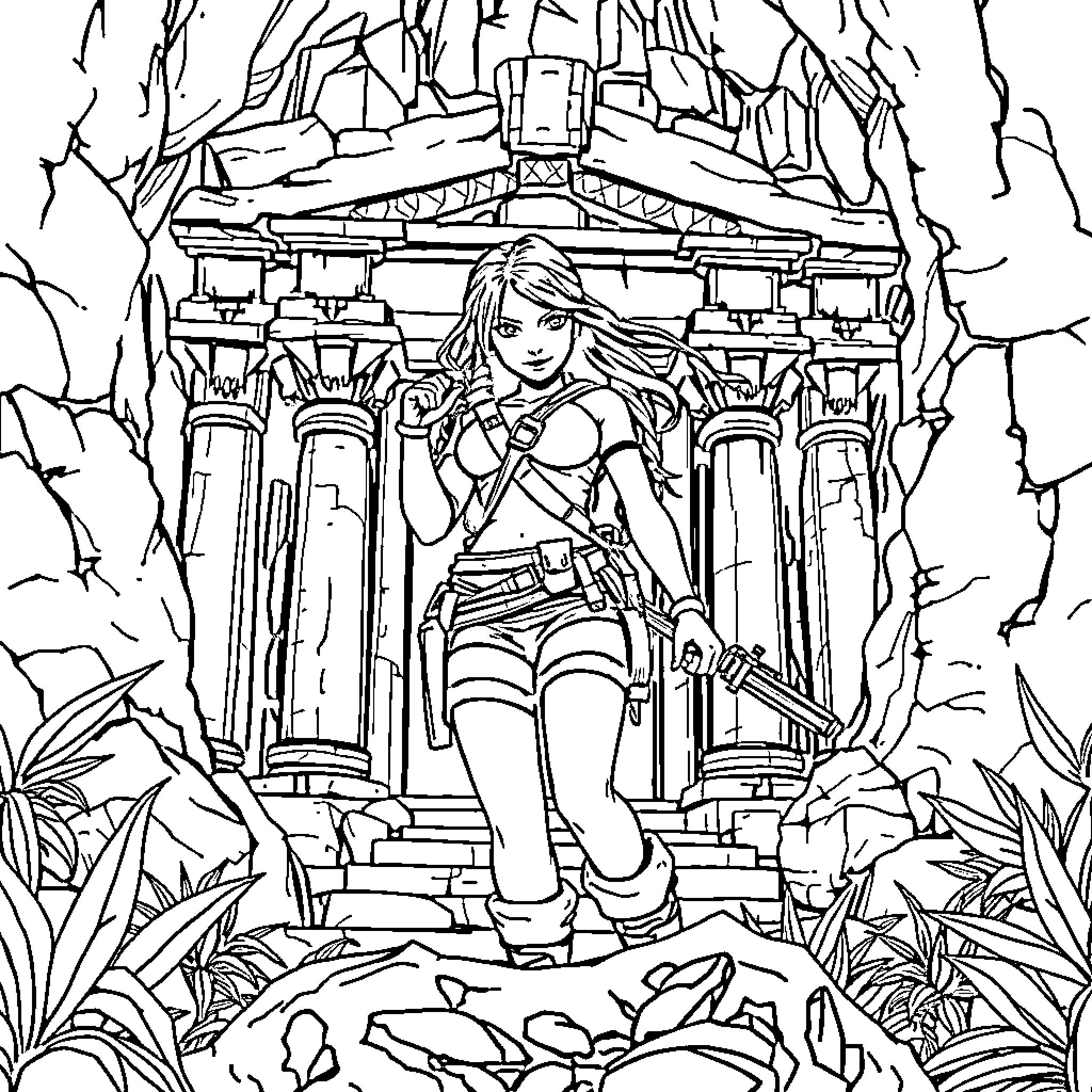 Lara Croft exploring ancient ruins in action pose Coloring Page (free black-and-white line drawing printable PDF for all, from beginners to advanced learners, including children, teens, adults, and seniors)