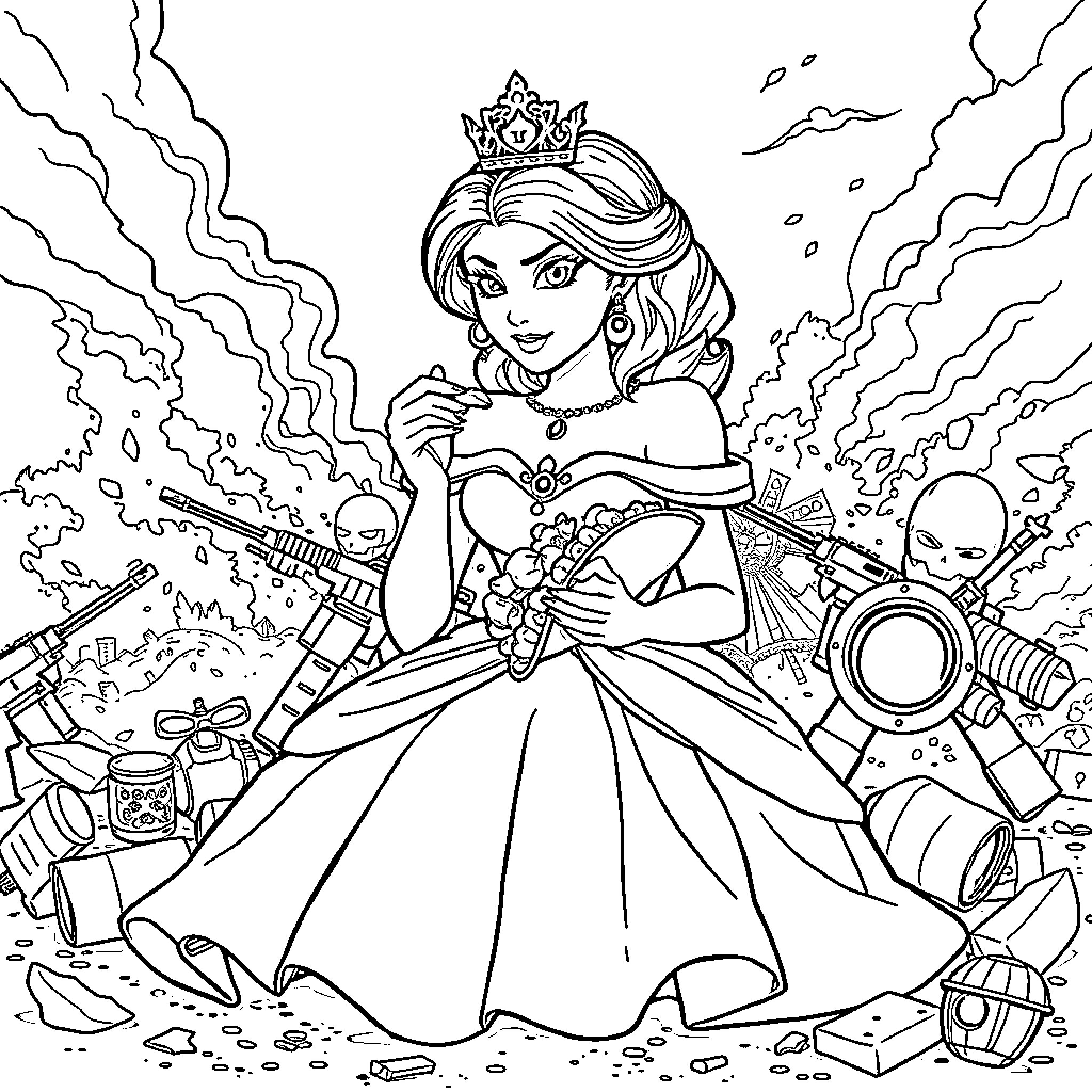 Princess Wielding Magical Powers Amidst Chaos Coloring Page (free black-and-white line drawing printable PDF for all, from beginners to advanced learners, including children, teens, adults, and seniors)
