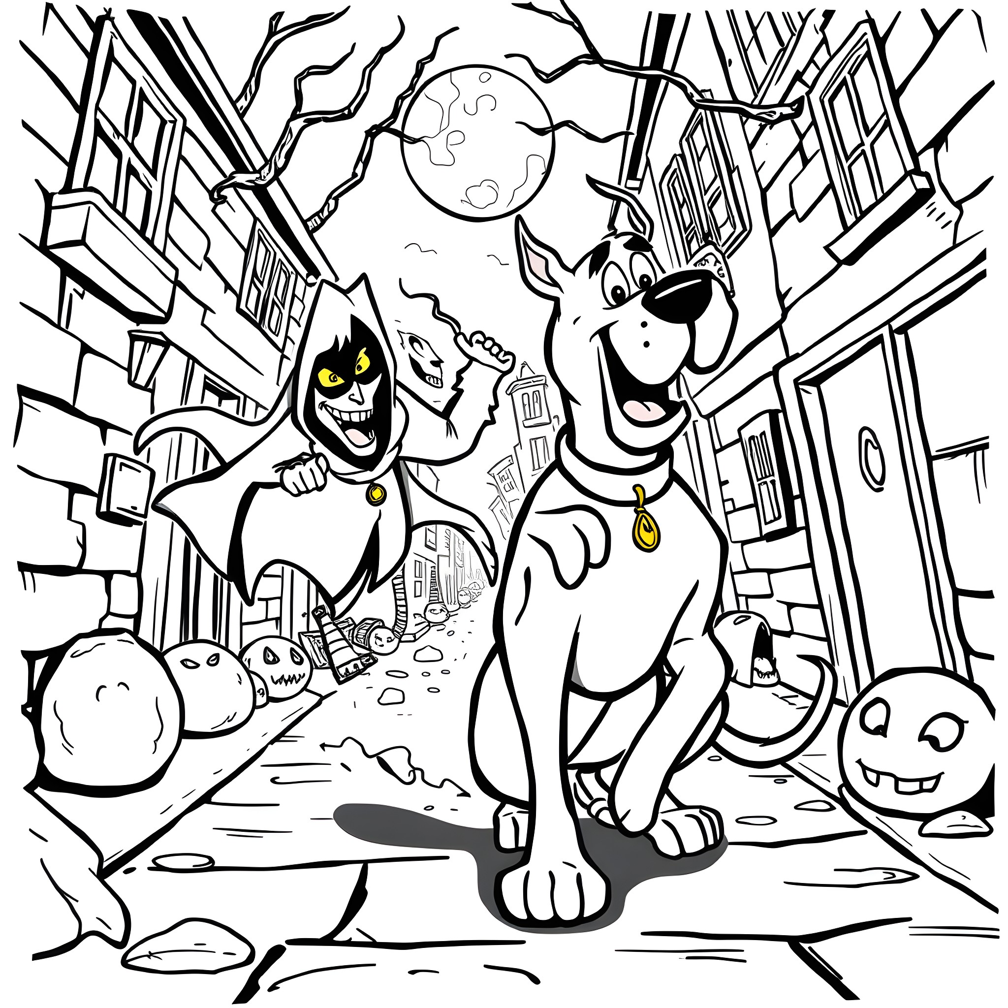Scooby Doo and the Spooky City Adventure Coloring Page (free black-and-white line drawing printable PDF for all, from beginners to advanced learners, including children, teens, adults, and seniors)