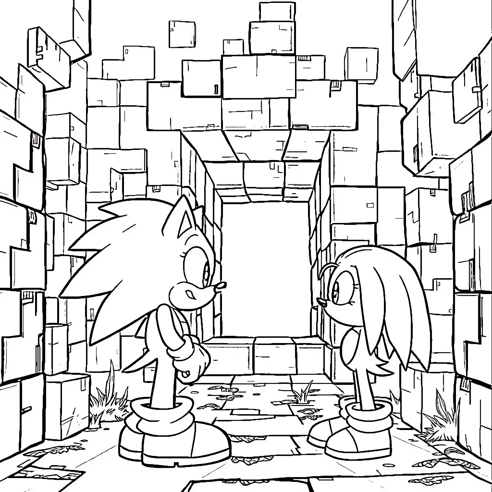 Sonic and Amy in the City Ruins Coloring Page (free black-and-white line drawing printable PDF for all, from beginners to advanced learners, including children, teens, adults, and seniors)