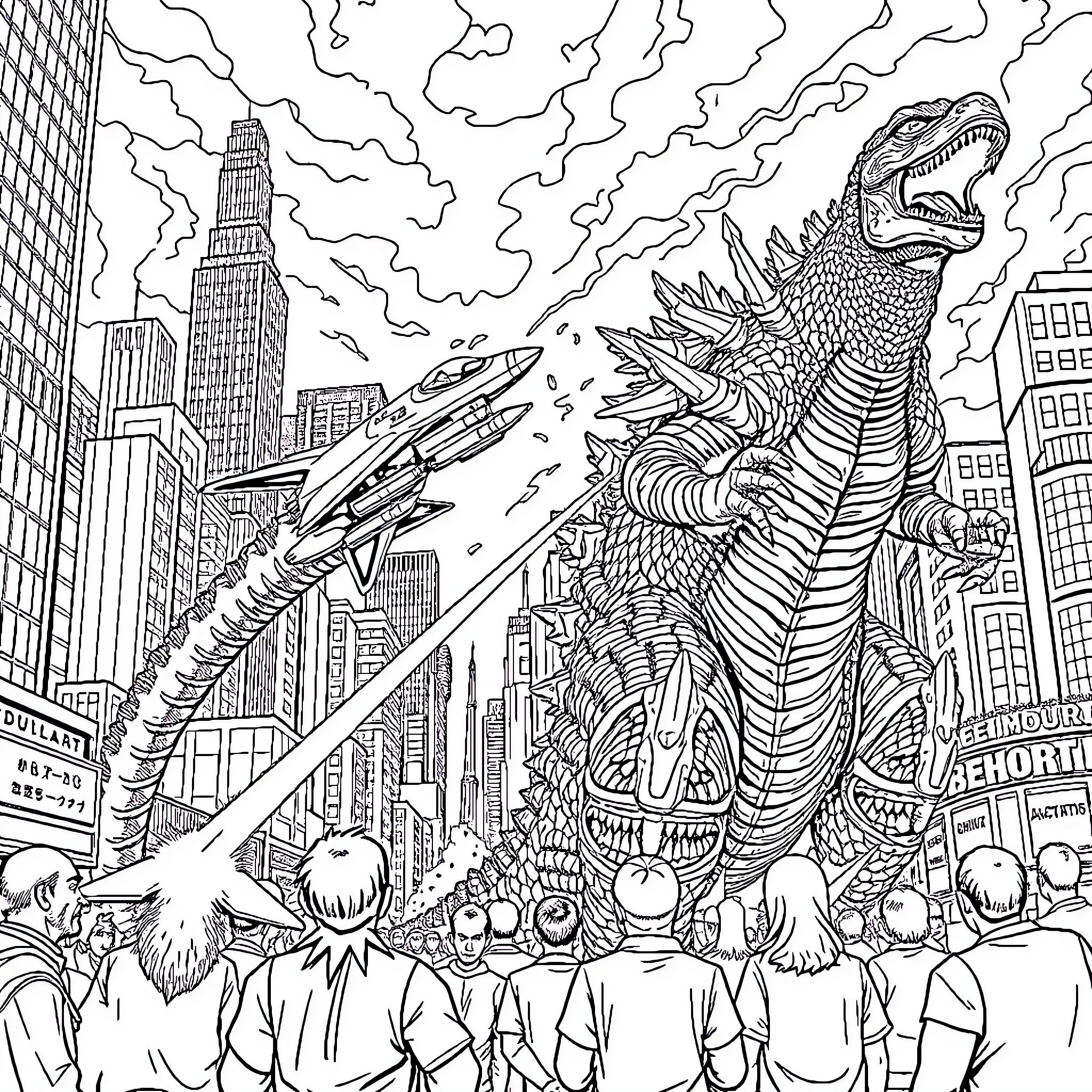 Godzilla rampaging through the city skyline Coloring Page (free black-and-white line drawing printable PDF for all, from beginners to advanced learners, including children, teens, adults, and seniors)