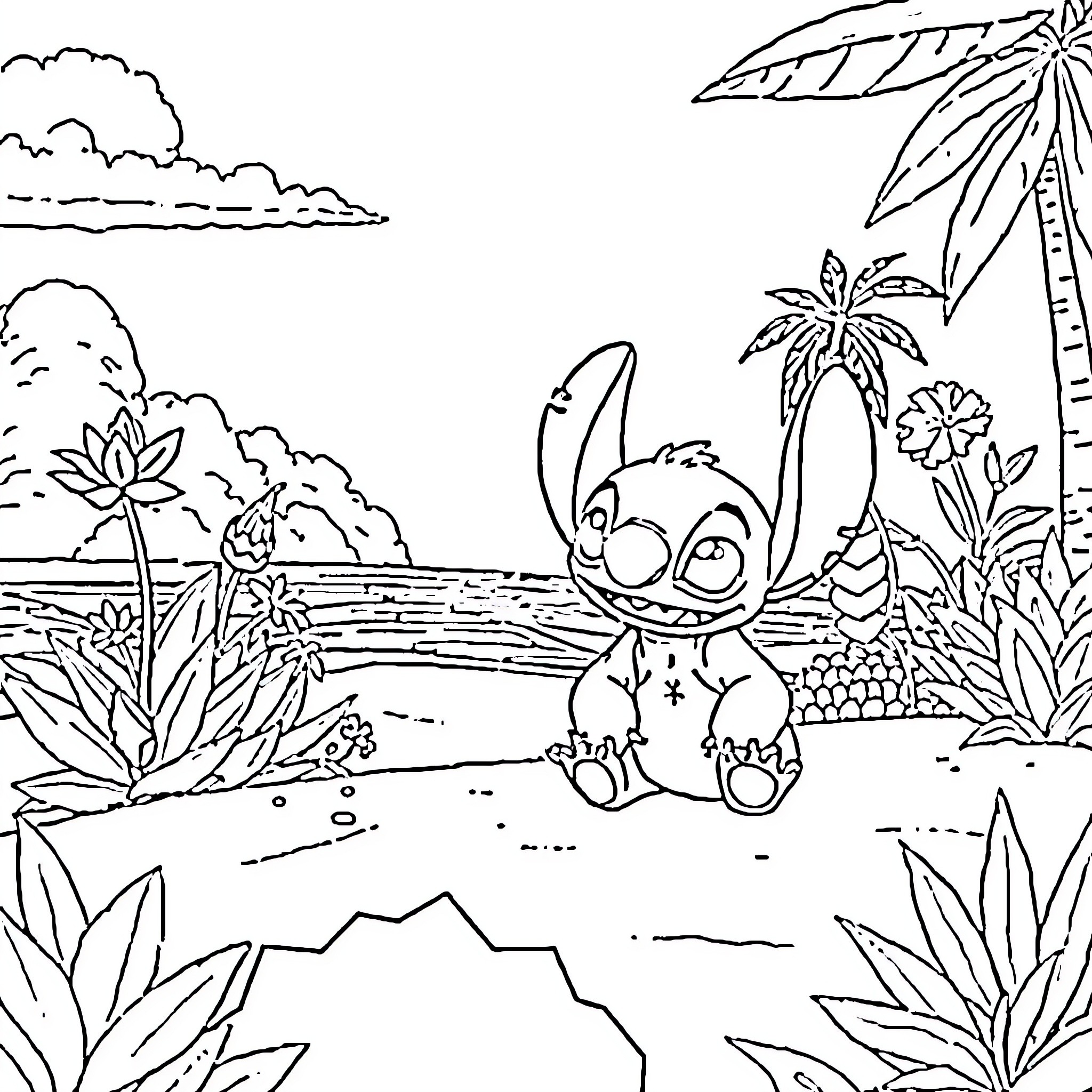Lilo And Stitch enjoying a tropical paradise Coloring Page (free black-and-white line drawing printable PDF for all, from beginners to advanced learners, including children, teens, adults, and seniors)