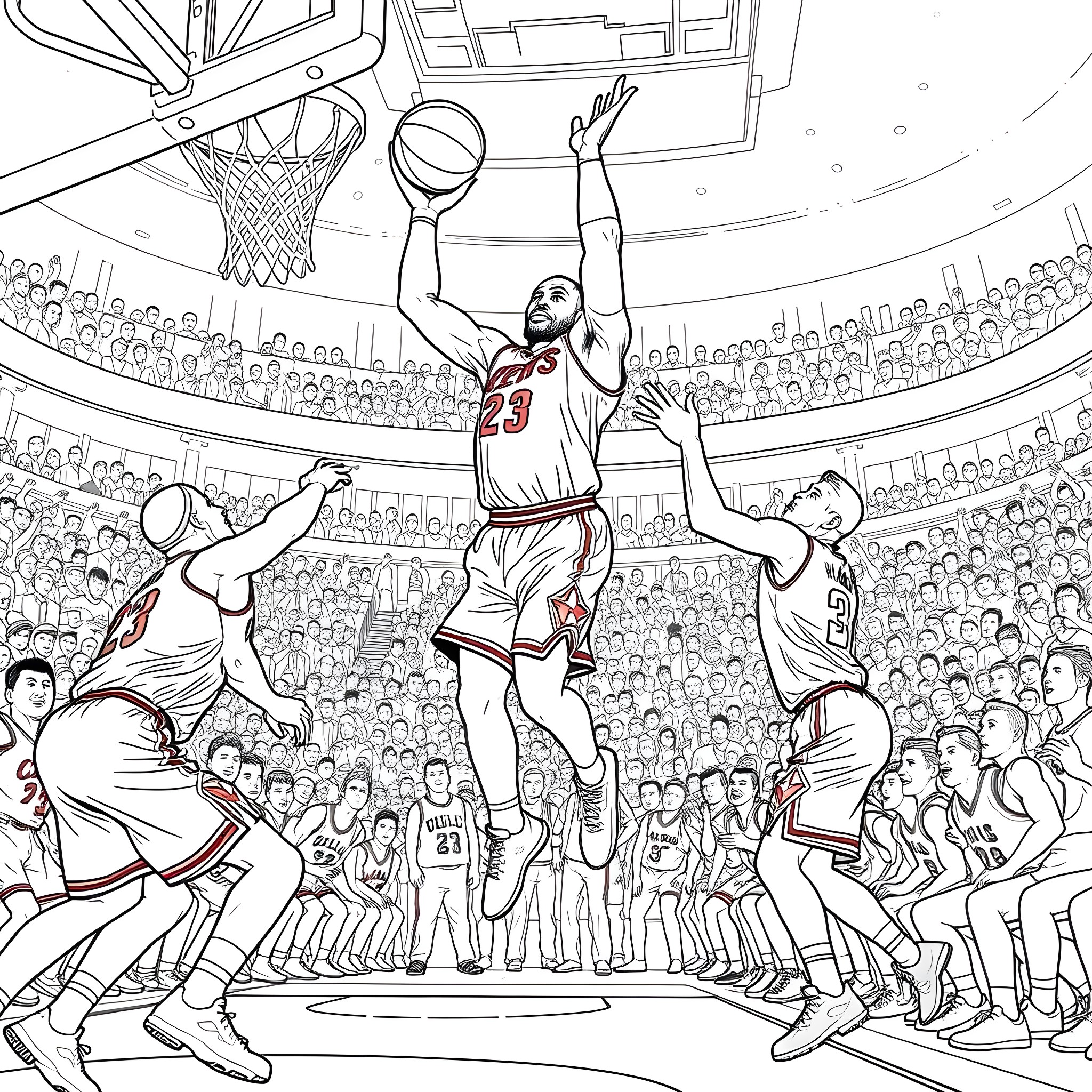 LeBron James Soaring for the Basketball Dunk in the Stadium Coloring Page (free black-and-white line drawing printable PDF for all, from beginners to advanced learners, including children, teens, adults, and seniors)
