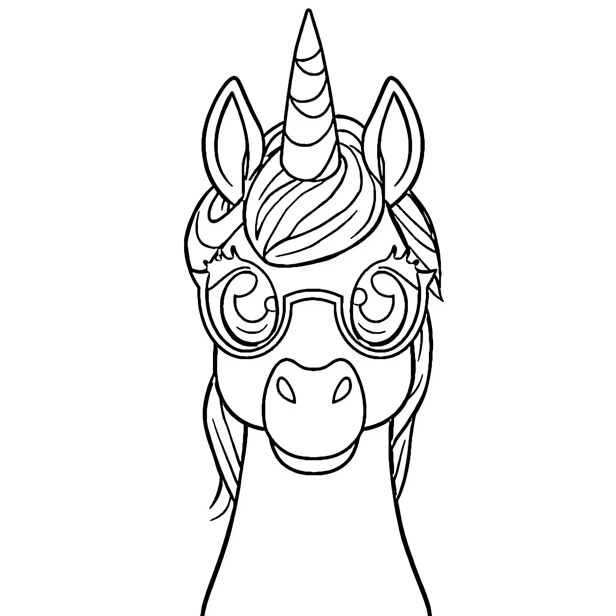 Unicorn wearing festive glasses Coloring Page (free black-and-white line drawing printable PDF for all, from beginners to advanced learners, including children, teens, adults, and seniors)