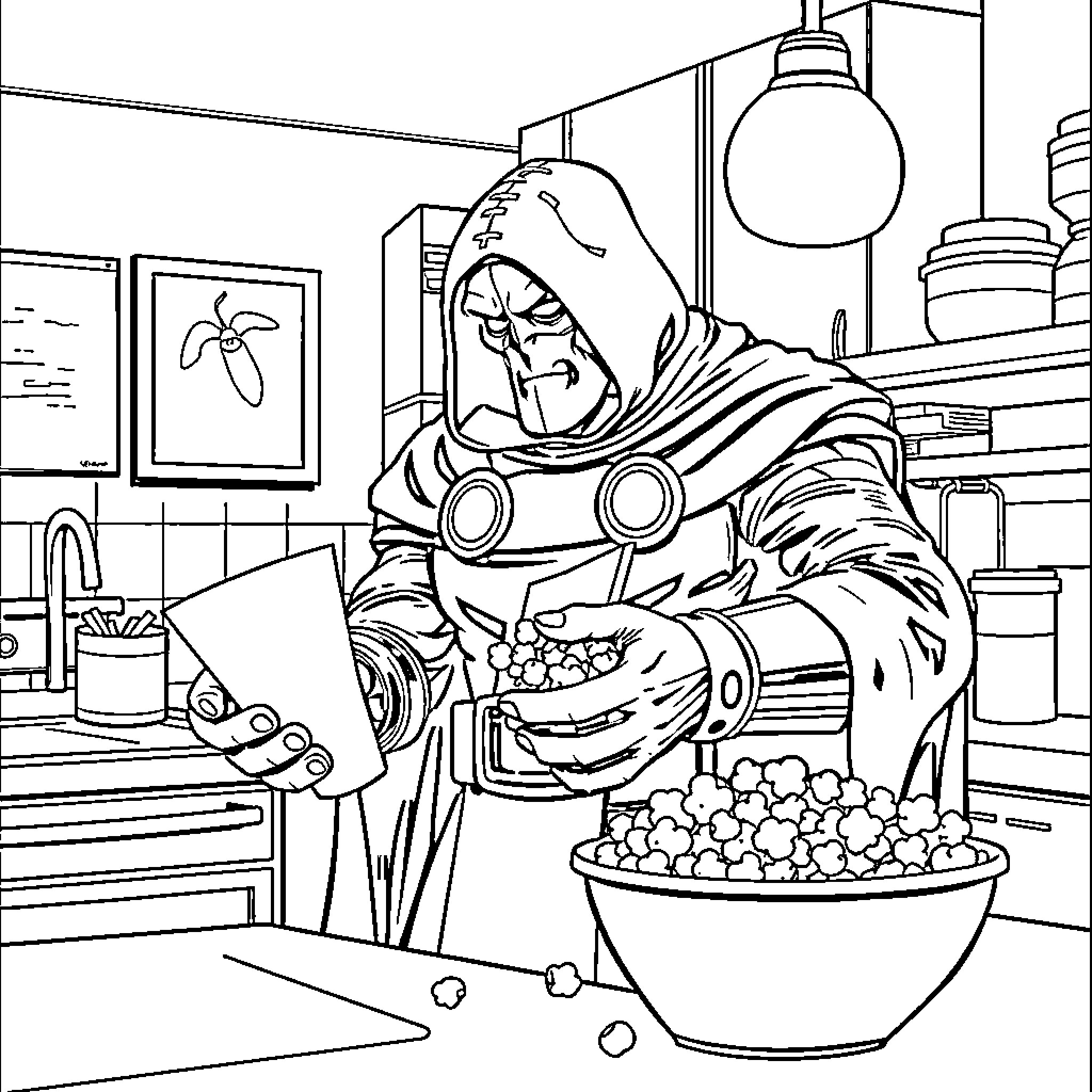 Doctor Doom Preparing a Meal in the Kitchen Coloring Page (free black-and-white line drawing printable PDF for all, from beginners to advanced learners, including children, teens, adults, and seniors)