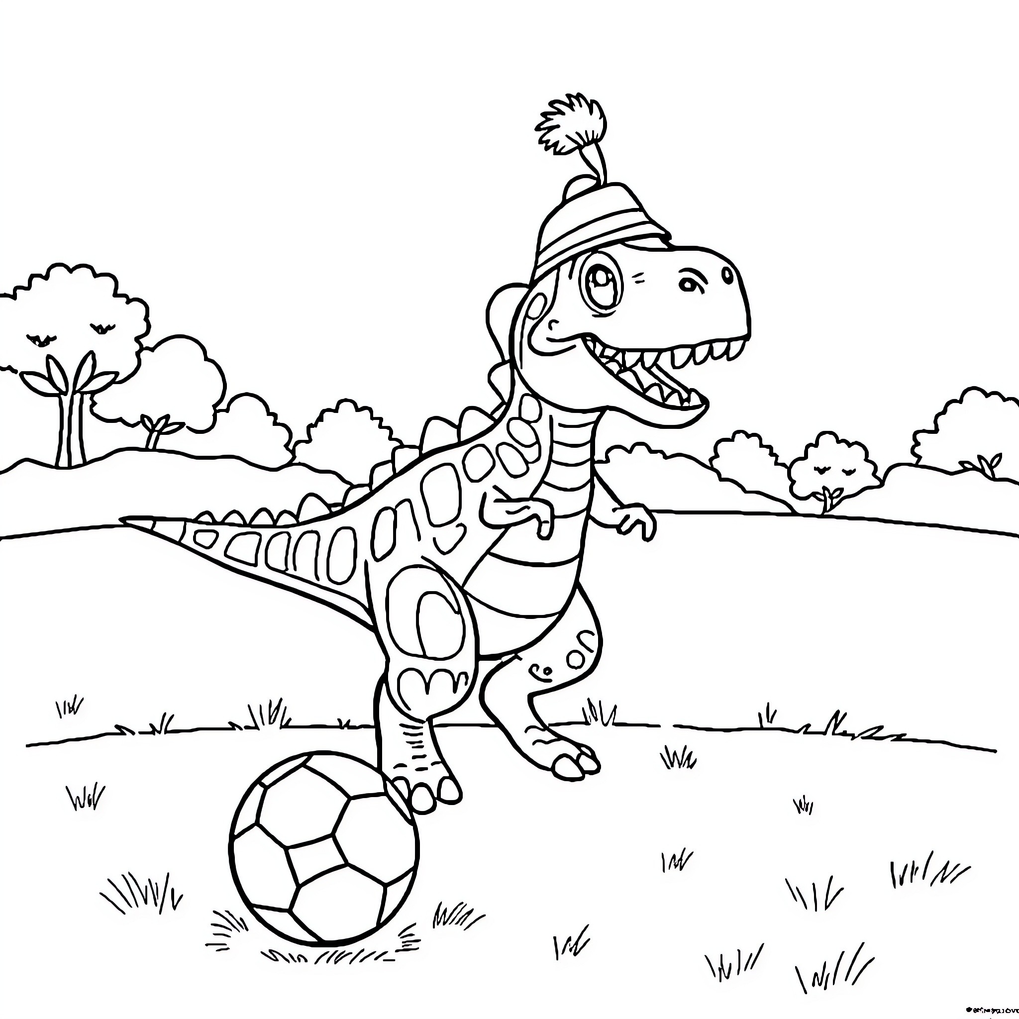 Dinosaur playing with a soccer ball in the park Coloring Page (free black-and-white line drawing printable PDF for all, from beginners to advanced learners, including children, teens, adults, and seniors)