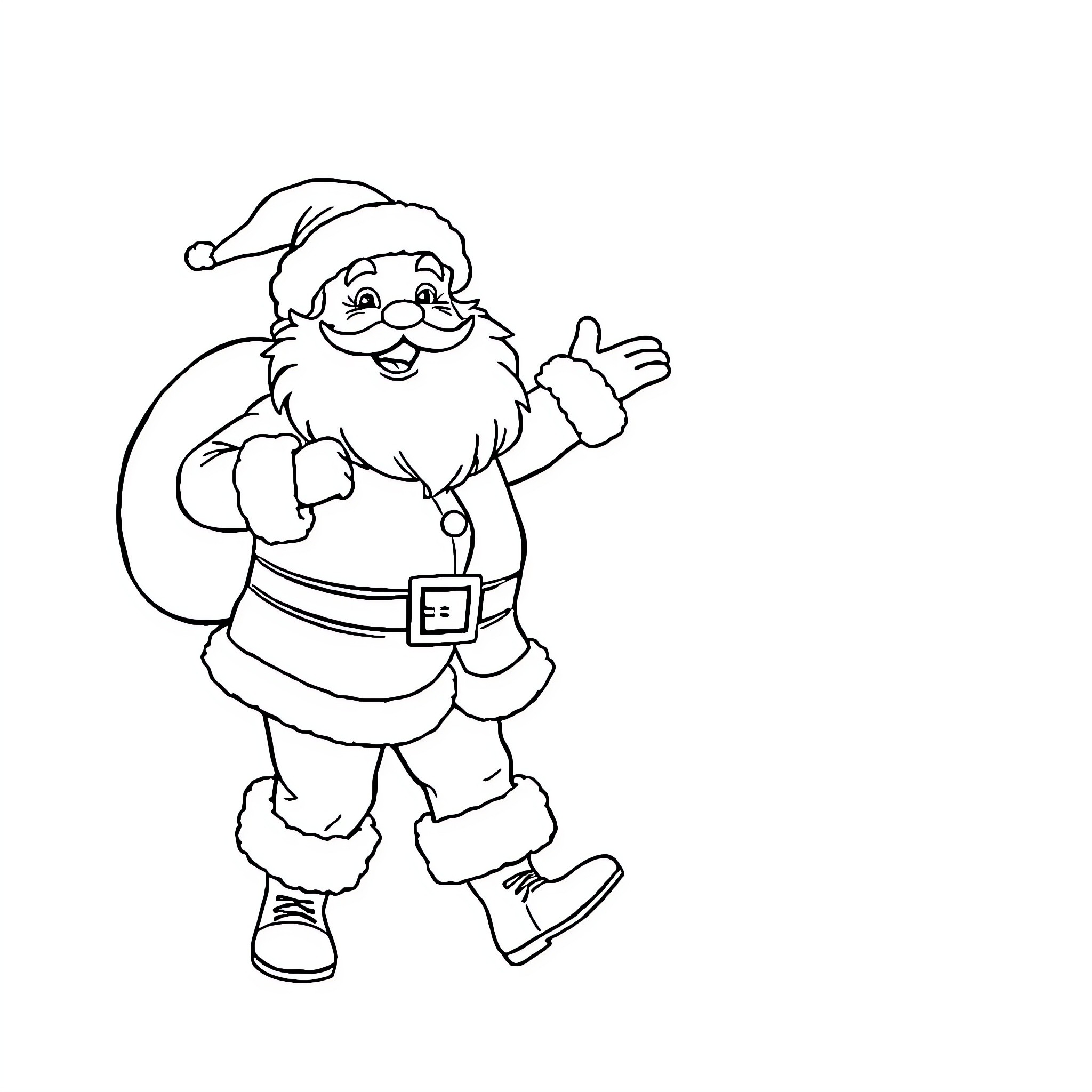 Santa Claus waving and walking with sack Coloring Page (free black-and-white line drawing printable PDF for all, from beginners to advanced learners, including children, teens, adults, and seniors)