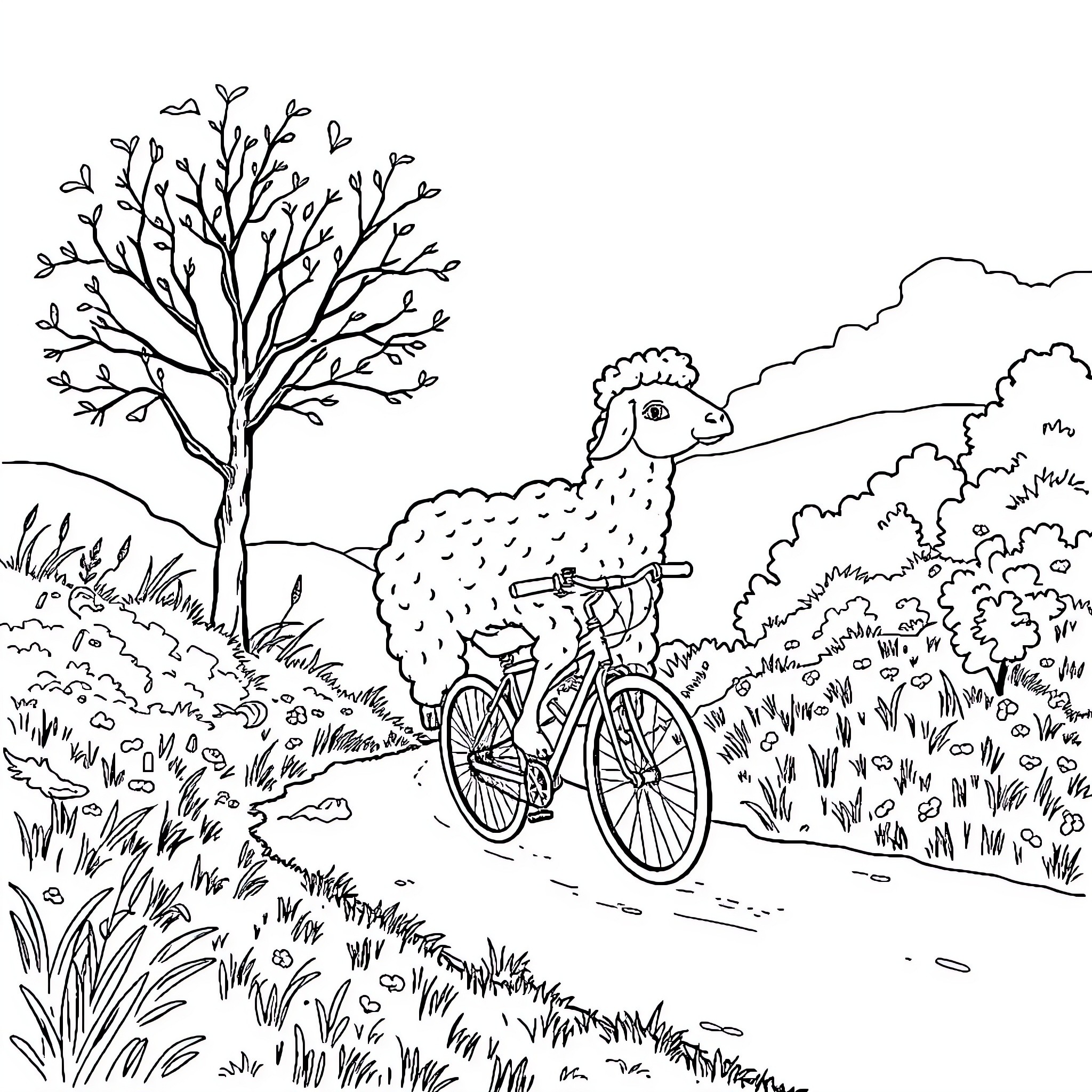 Caca Sheep Cycling Through Countryside Landscape Coloring Page (free black-and-white line drawing printable PDF for all, from beginners to advanced learners, including children, teens, adults, and seniors)