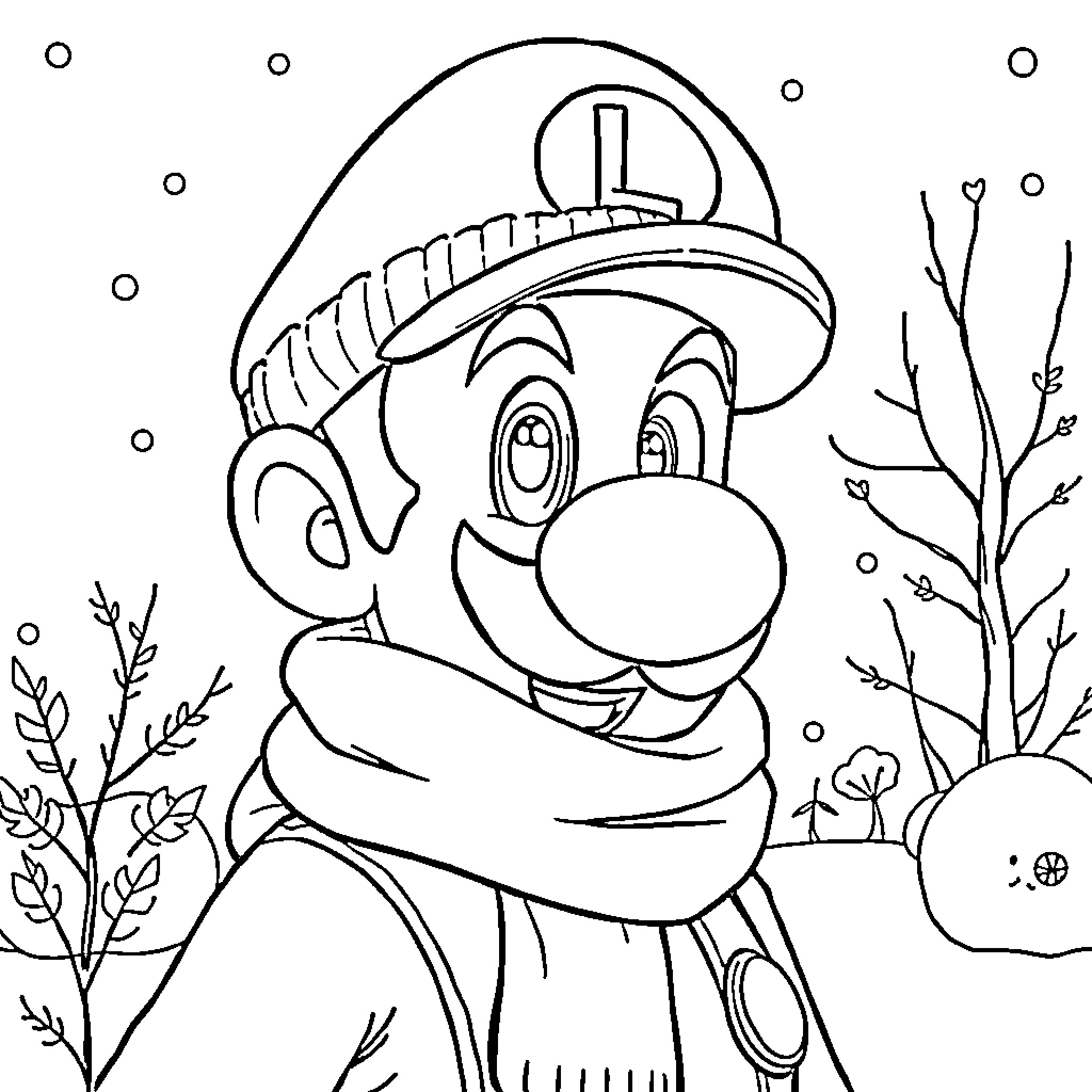 Luigi's Snowy Adventure Coloring Page (free black-and-white line drawing printable PDF for all, from beginners to advanced learners, including children, teens, adults, and seniors)