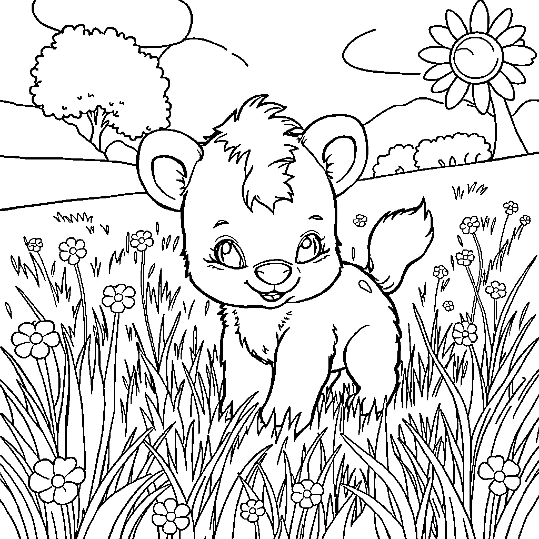 Baby Animal exploring a flower garden Coloring Page (free black-and-white line drawing printable PDF for all, from beginners to advanced learners, including children, teens, adults, and seniors)