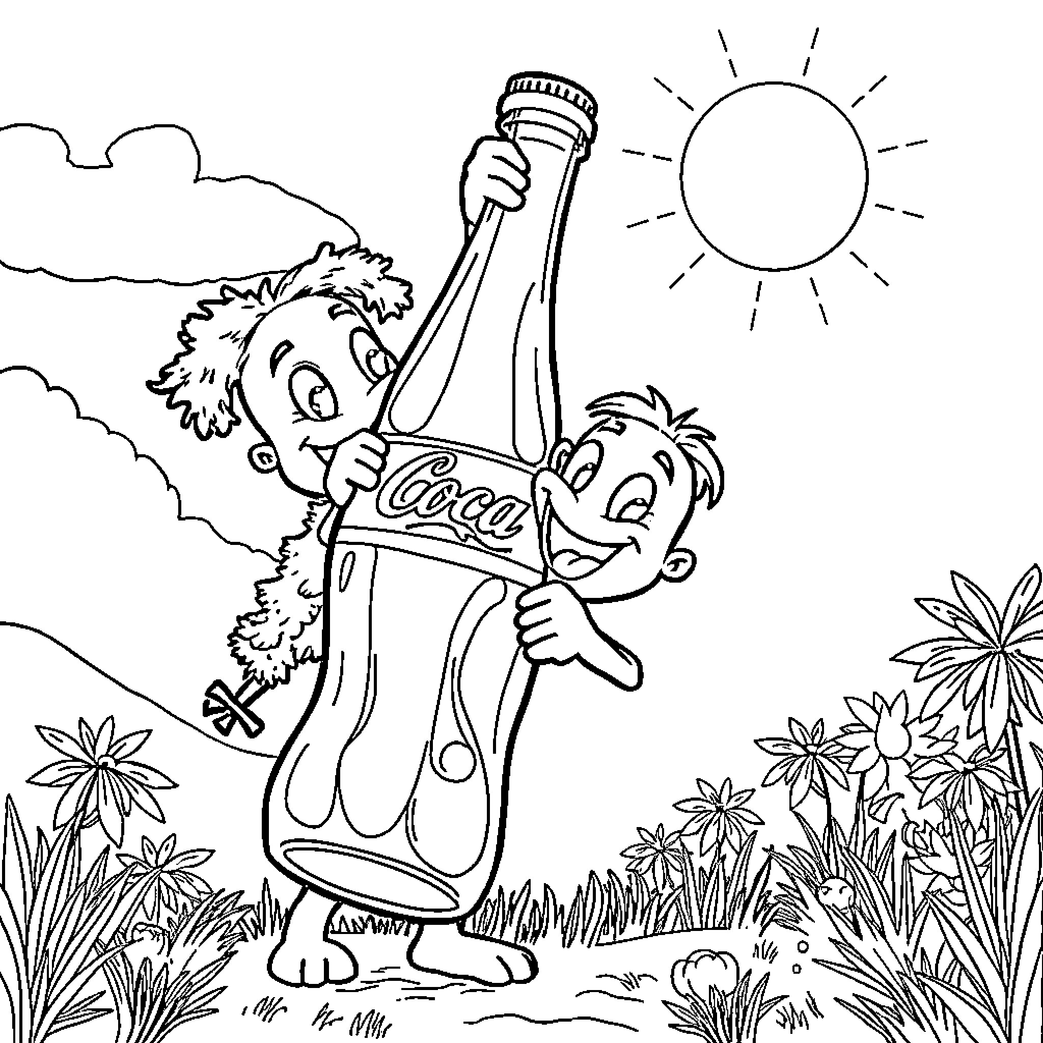 Labubu finds a giant soda bottle in the sunny meadow Coloring Page (free black-and-white line drawing printable PDF for all, from beginners to advanced learners, including children, teens, adults, and seniors)
