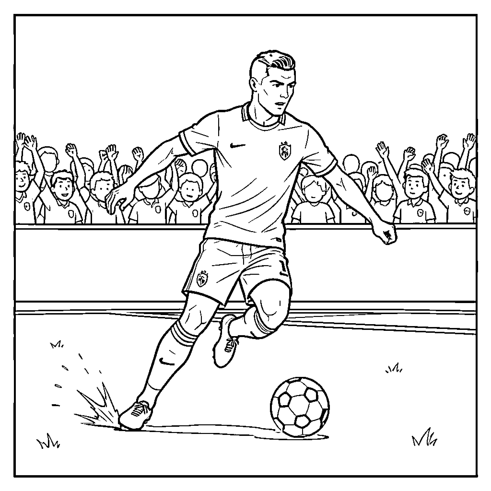 Cristiano Ronaldo dribbling a soccer ball during a match Coloring Page (free black-and-white line drawing printable PDF for all, from beginners to advanced learners, including children, teens, adults, and seniors)