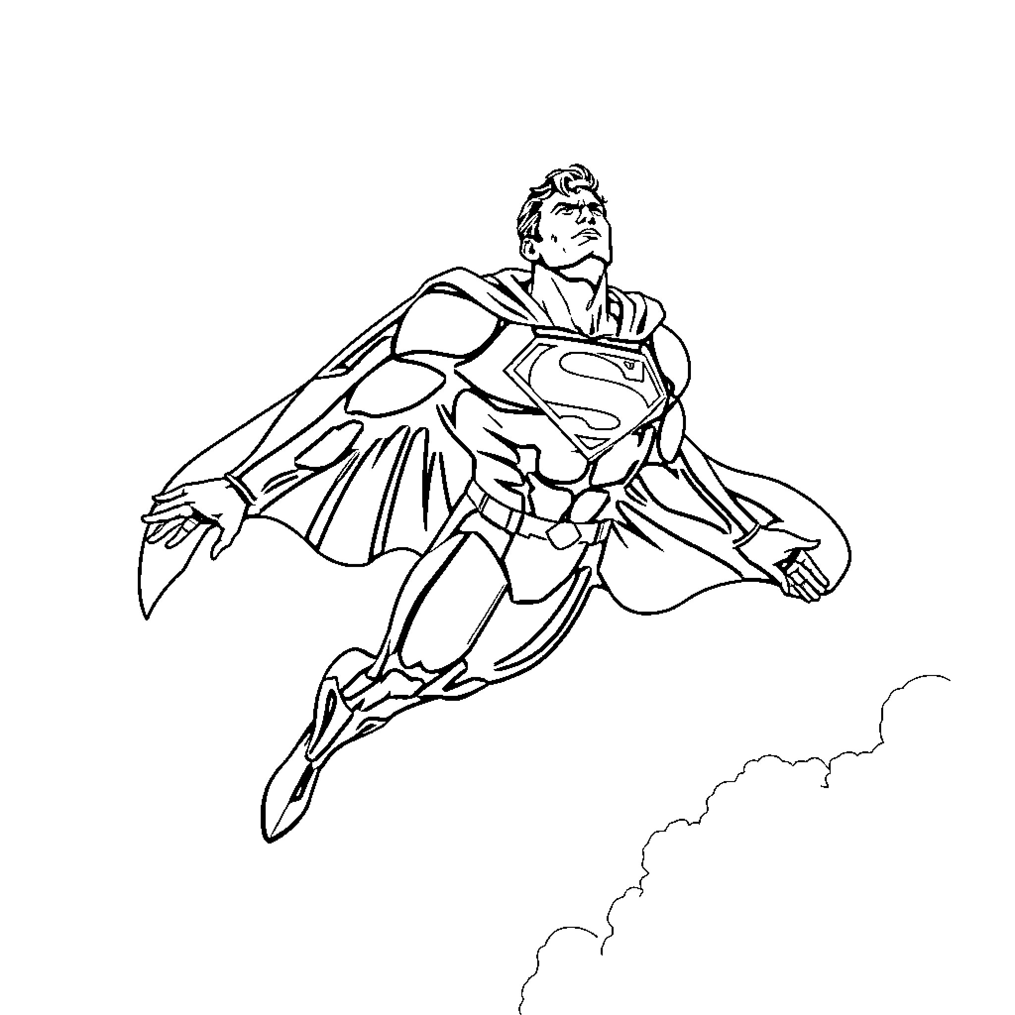 Superman soaring heroically through the sky Coloring Page (free black-and-white line drawing printable PDF for all, from beginners to advanced learners, including children, teens, adults, and seniors)