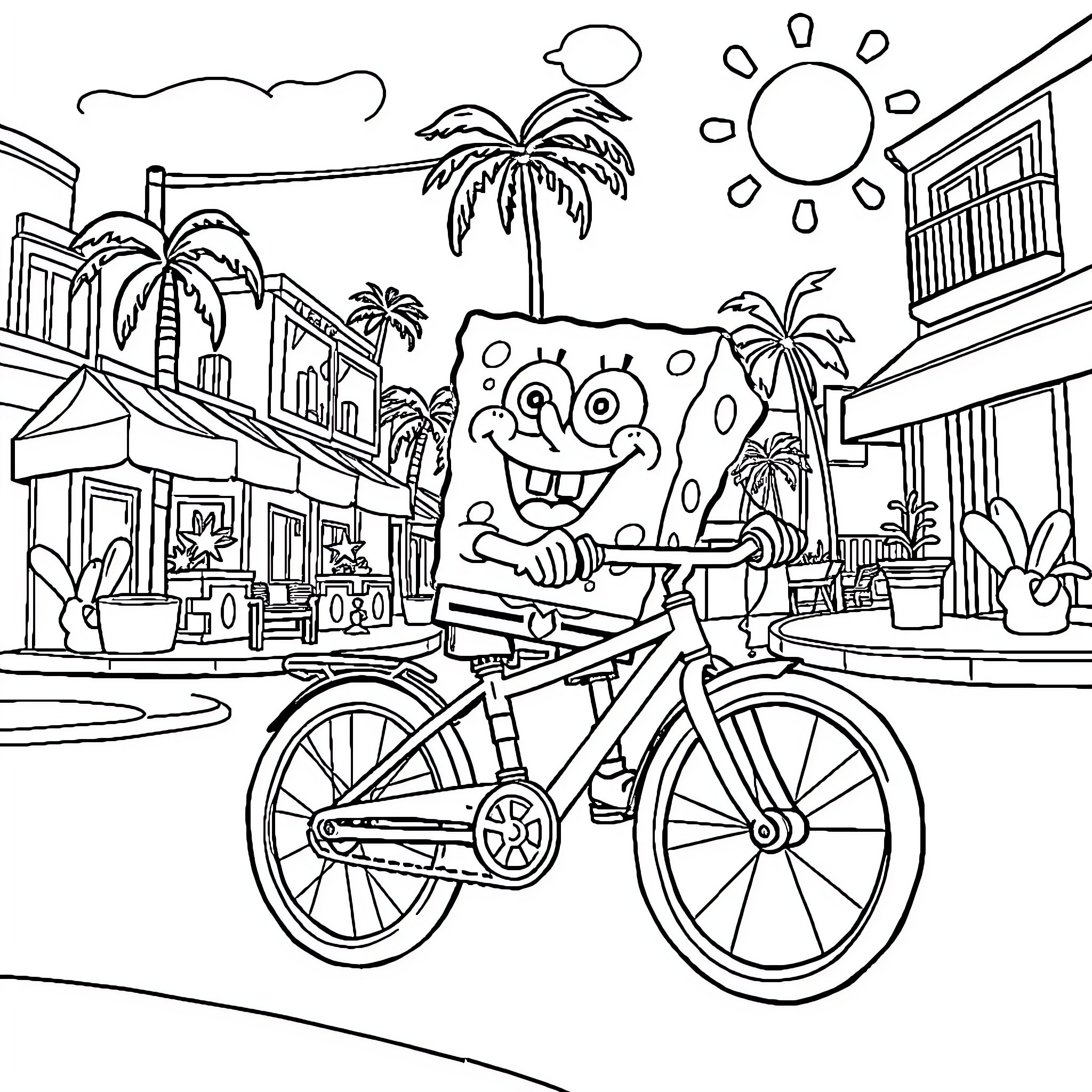 Spongebob's Sunny Bicycle Adventure Coloring Page (free black-and-white line drawing printable PDF for all, from beginners to advanced learners, including children, teens, adults, and seniors)