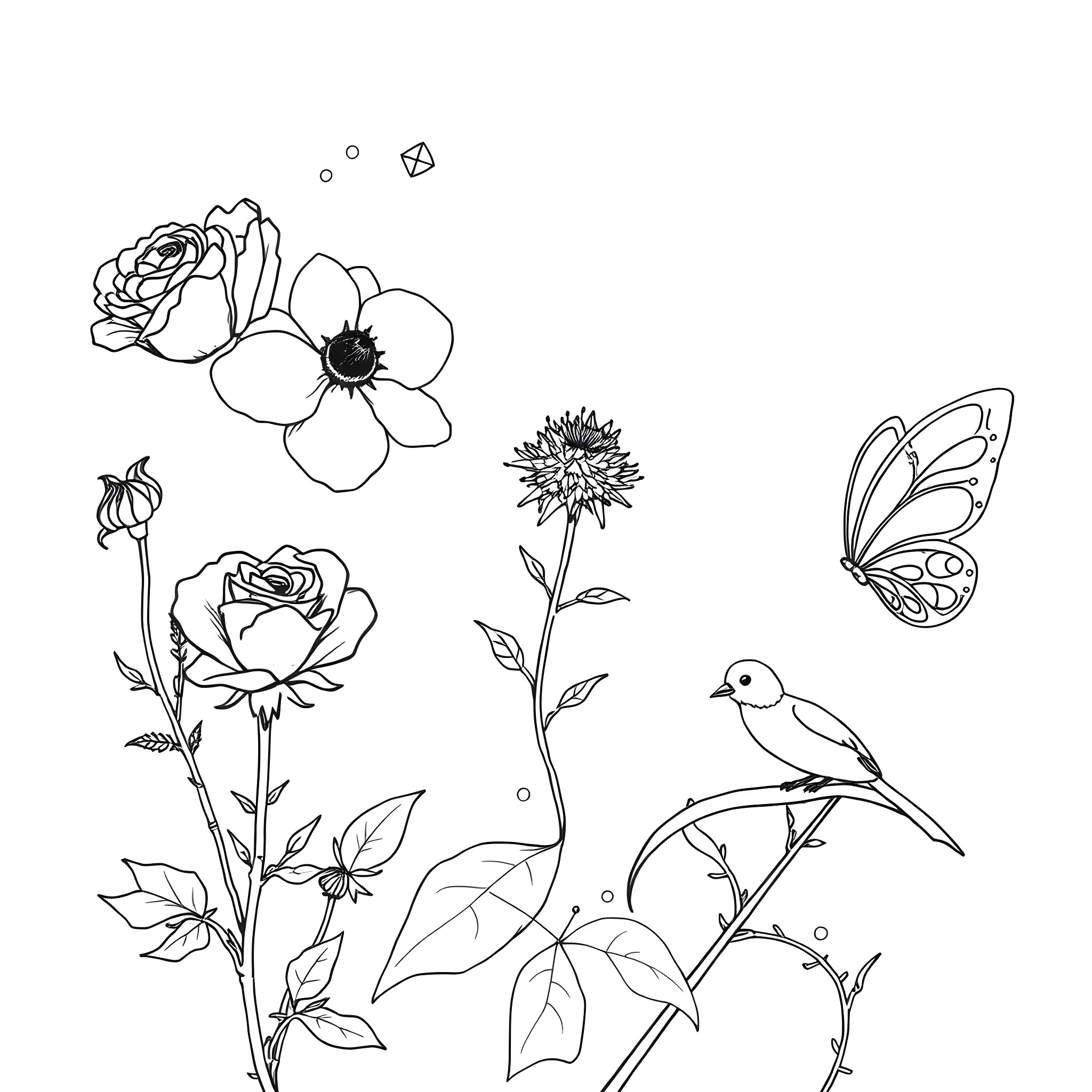 Fairy flowers and nature in black and white Coloring Page (free black-and-white line drawing printable PDF for all, from beginners to advanced learners, including children, teens, adults, and seniors)