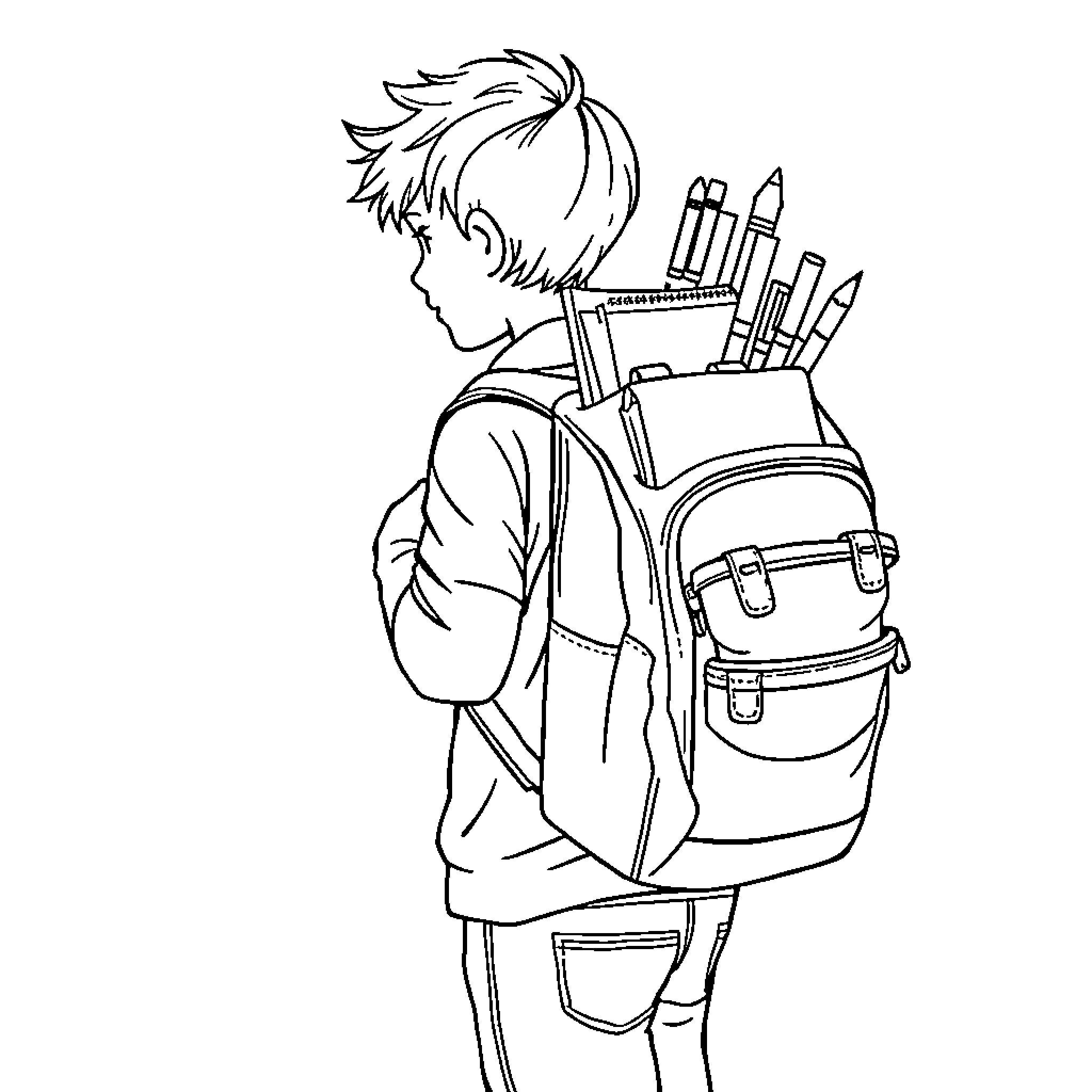 Student with backpack carrying school supplies Coloring Page (free black-and-white line drawing printable PDF for all, from beginners to advanced learners, including children, teens, adults, and seniors)