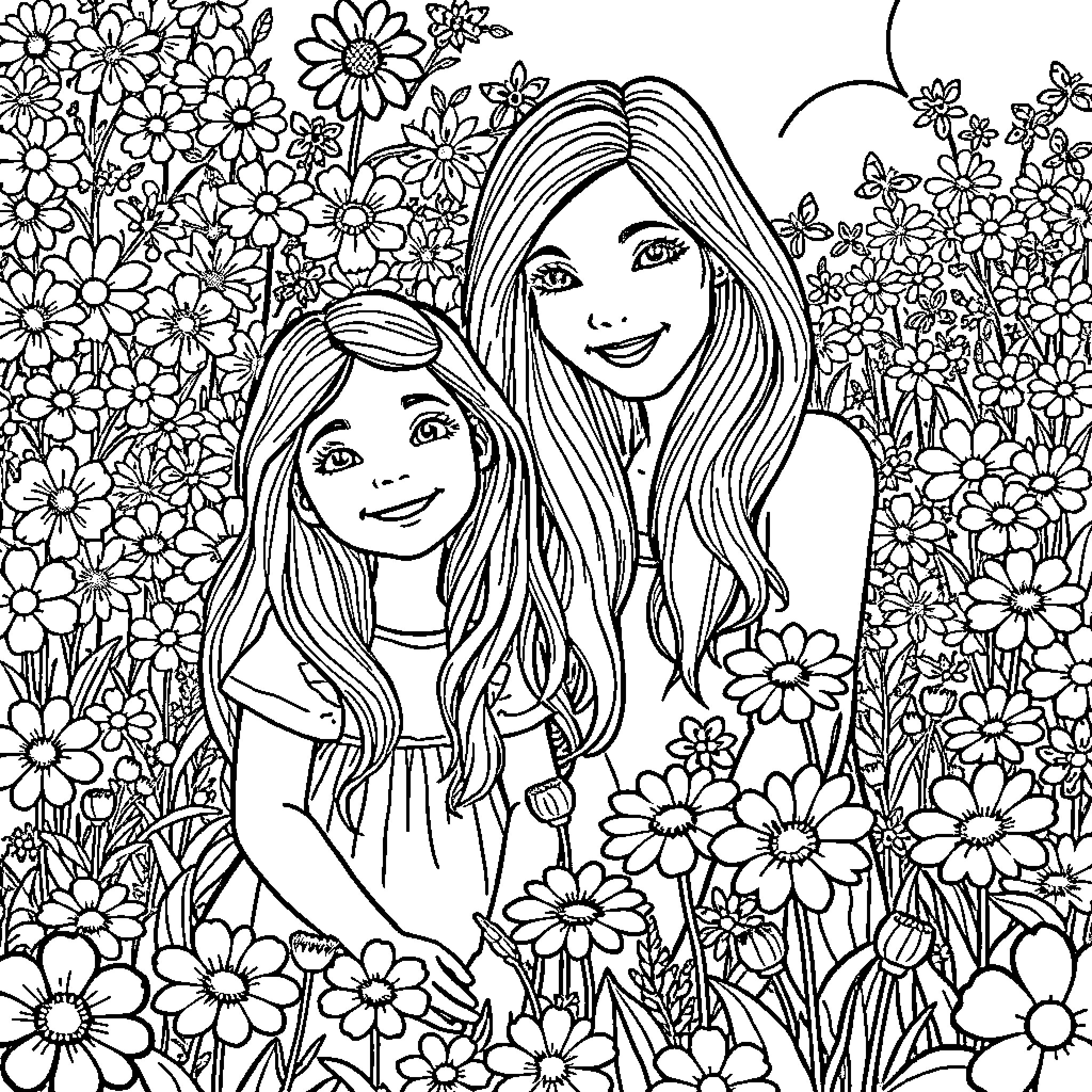 Girls enjoying a floral meadow Coloring Page (free black-and-white line drawing printable PDF for all, from beginners to advanced learners, including children, teens, adults, and seniors)