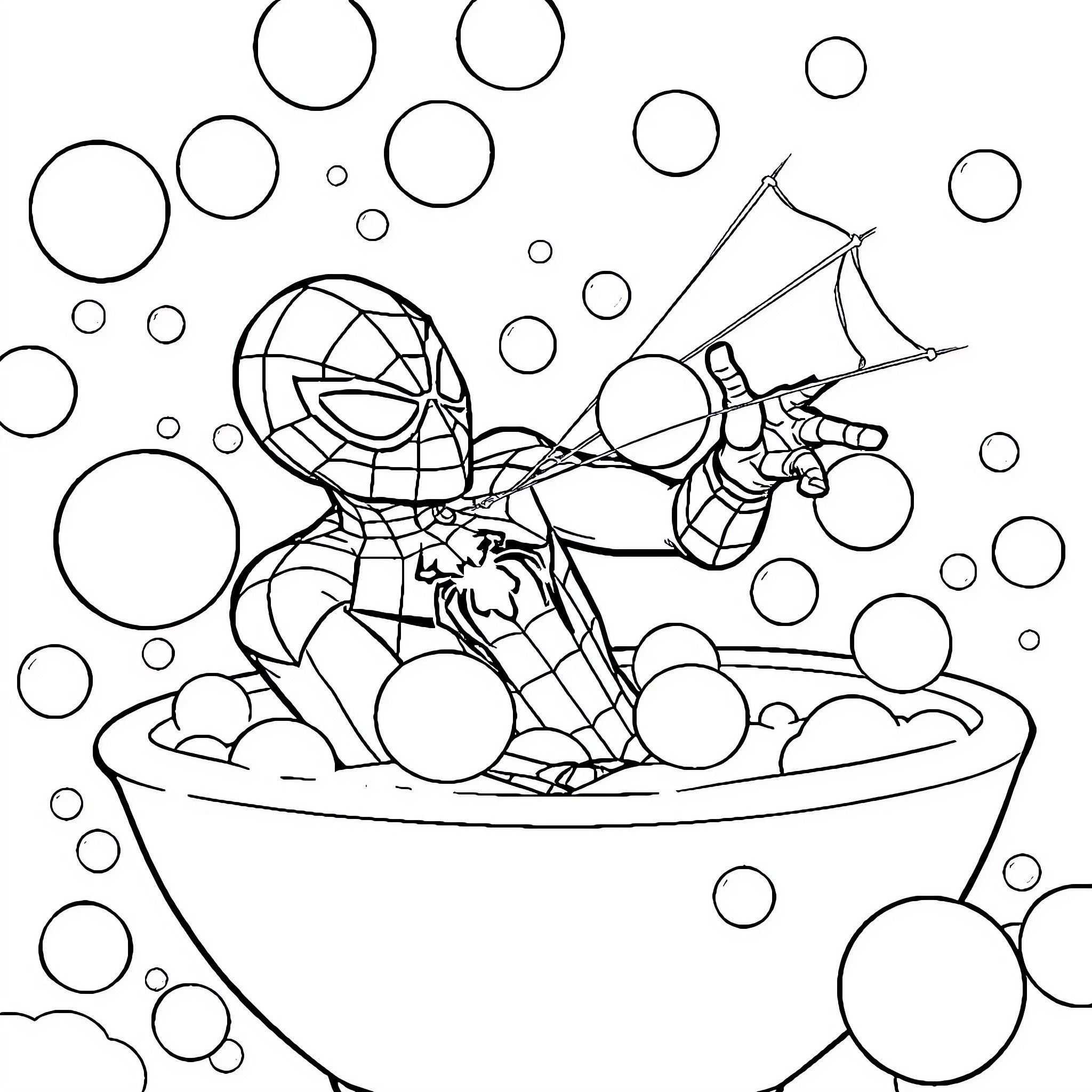 Spider-Man playing with bubbles Coloring Page (free black-and-white line drawing printable PDF for all, from beginners to advanced learners, including children, teens, adults, and seniors)