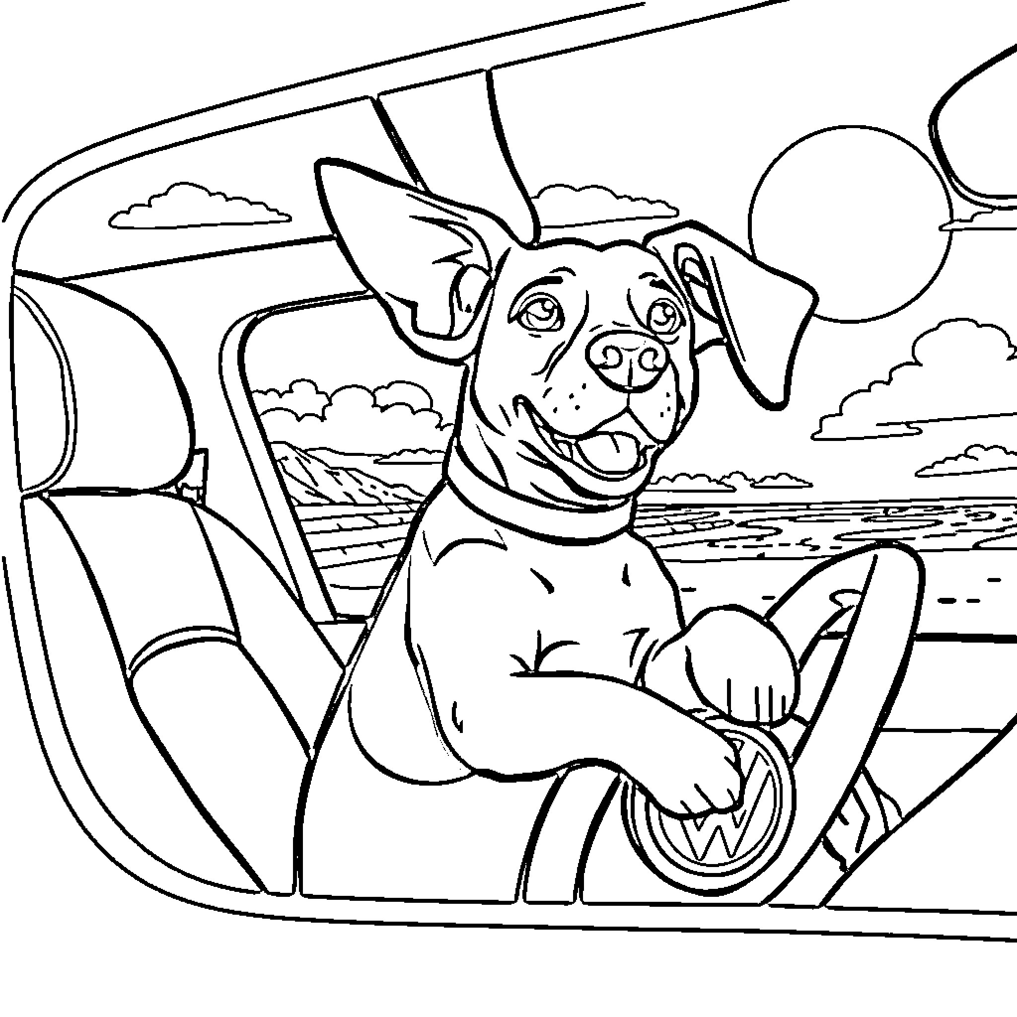 Beagle enjoys the ride through the countryside Coloring Page (free black-and-white line drawing printable PDF for all, from beginners to advanced learners, including children, teens, adults, and seniors)