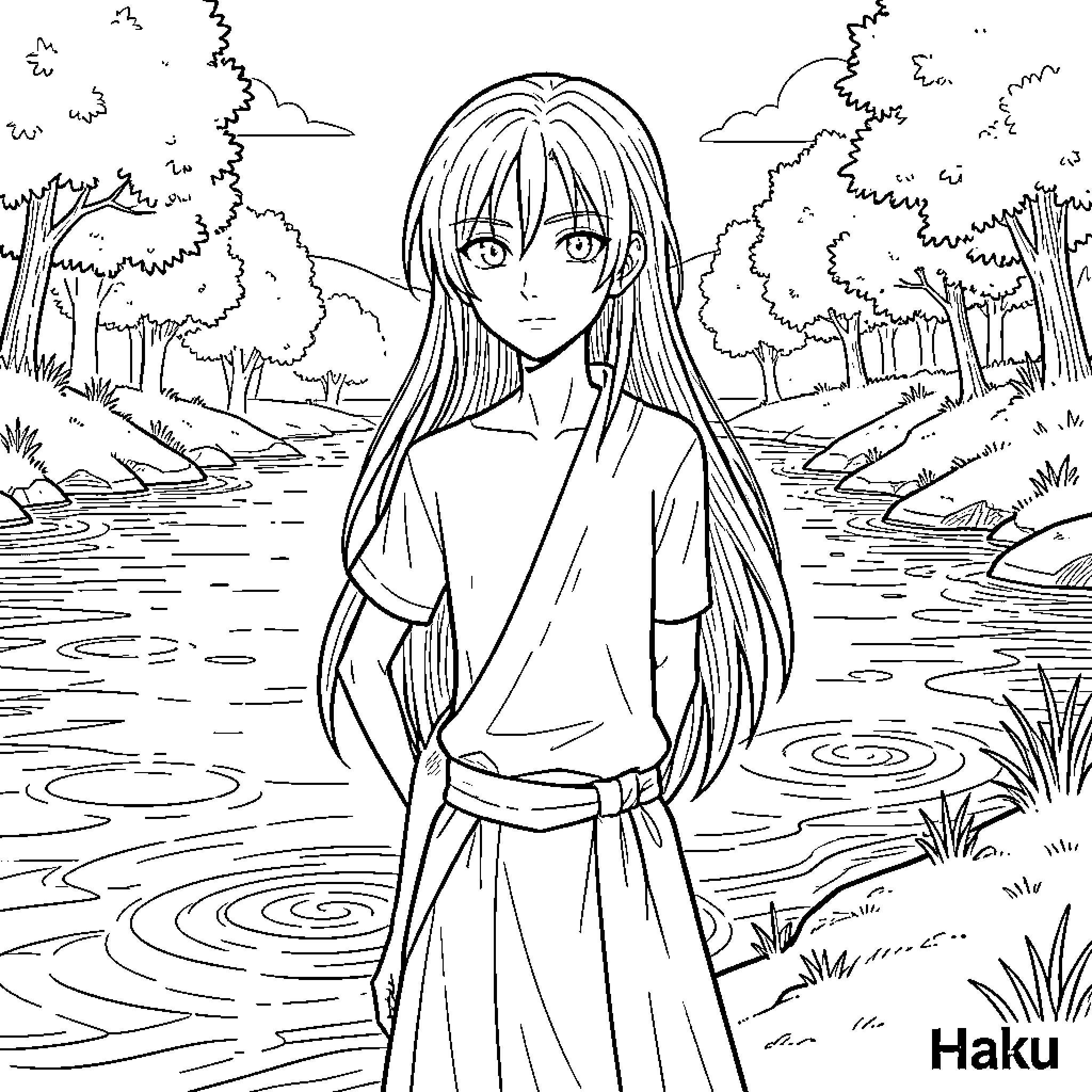 Haku standing by the river in a serene forest Coloring Page (free black-and-white line drawing printable PDF for all, from beginners to advanced learners, including children, teens, adults, and seniors)