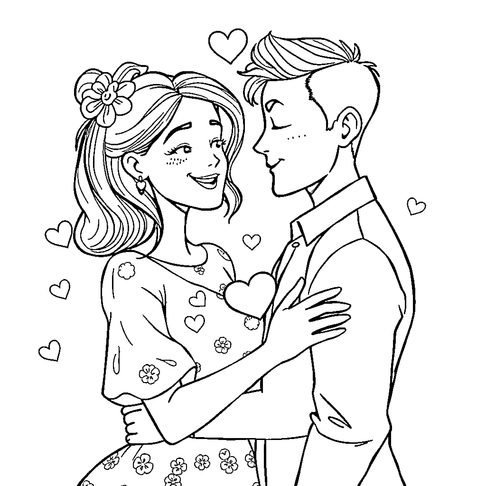 Mujer y hombre abrazándose con cariño Coloring Page (free black-and-white line drawing printable PDF for all, from beginners to advanced learners, including children, teens, adults, and seniors)
