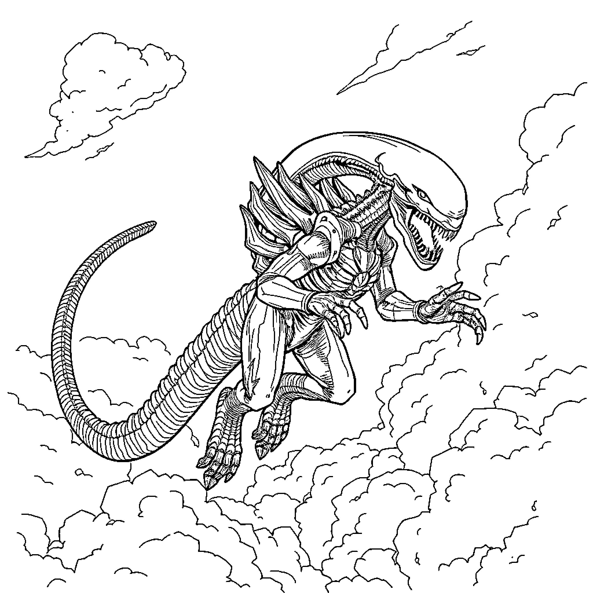 Xenomorph creature emerging from stormy clouds Coloring Page (free black-and-white line drawing printable PDF for all, from beginners to advanced learners, including children, teens, adults, and seniors)