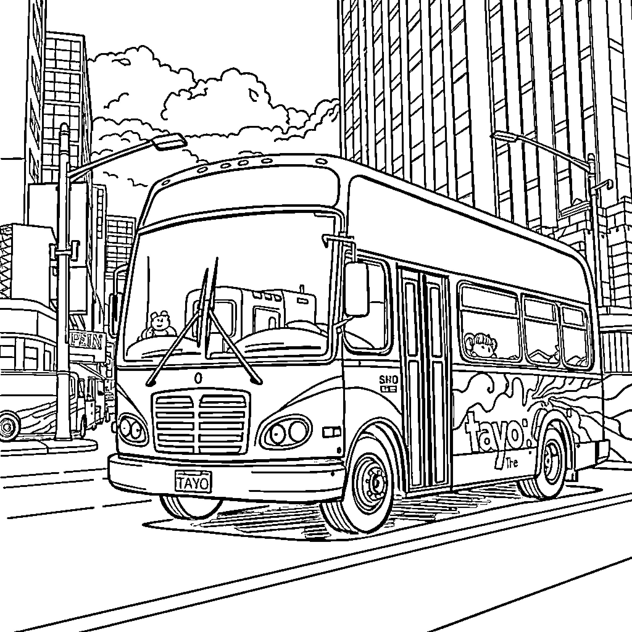 Tayo the Bus Navigating City Streets Coloring Page (free black-and-white line drawing printable PDF for all, from beginners to advanced learners, including children, teens, adults, and seniors)
