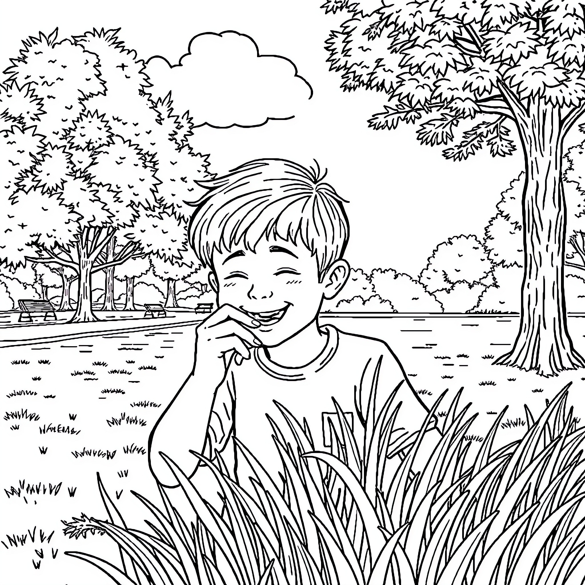 Boy enjoying nature in a park Coloring Page (free black-and-white line drawing printable PDF for all, from beginners to advanced learners, including children, teens, adults, and seniors)